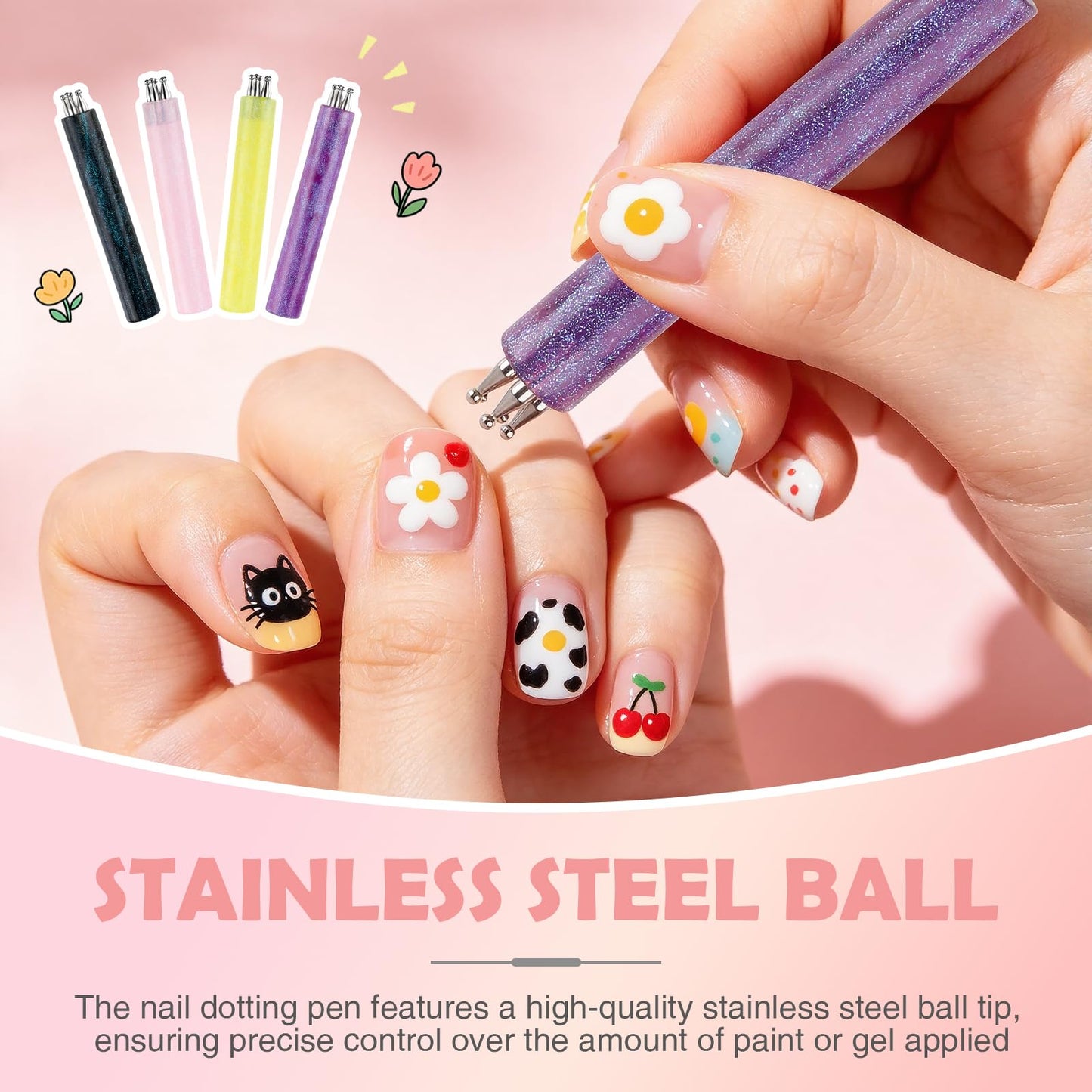 4PCS 5 Petal Flower Nail Dotting Pen , Professional Nail Art Tools for Polka Dot & Floral Designs ,Durable Dotting Tool