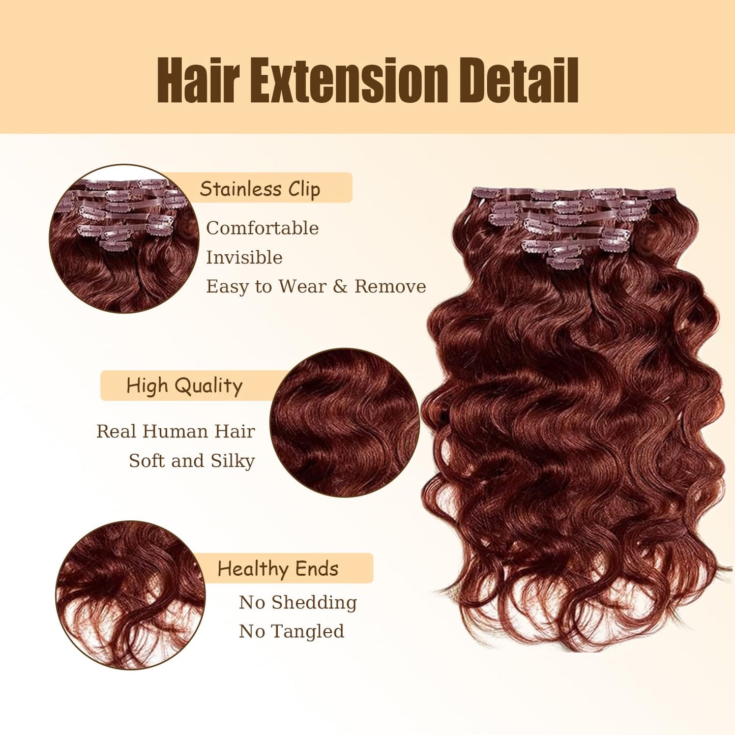 #33 Reddish Brown Clip in Hair Extensions Real Human Hair, 22 Inch 120g/7Pcs,Full Shine Remy Human Hair,Copper Red Body Wave Clip ins Brazilian Virgin Human Hair Extensions