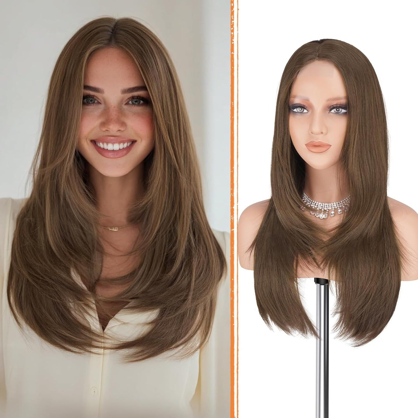 Blonde Wig with Curtain Bangs - Lace Front Long Layered Synthetic Hair for Women | 24 Inch Natural Look