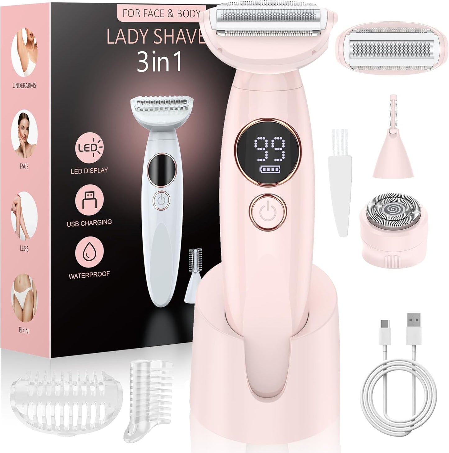 3 in 1 Bikini Trimmer for Women - Painless Electric Razor with Display | USB Charging, IPX7 Waterproof, White