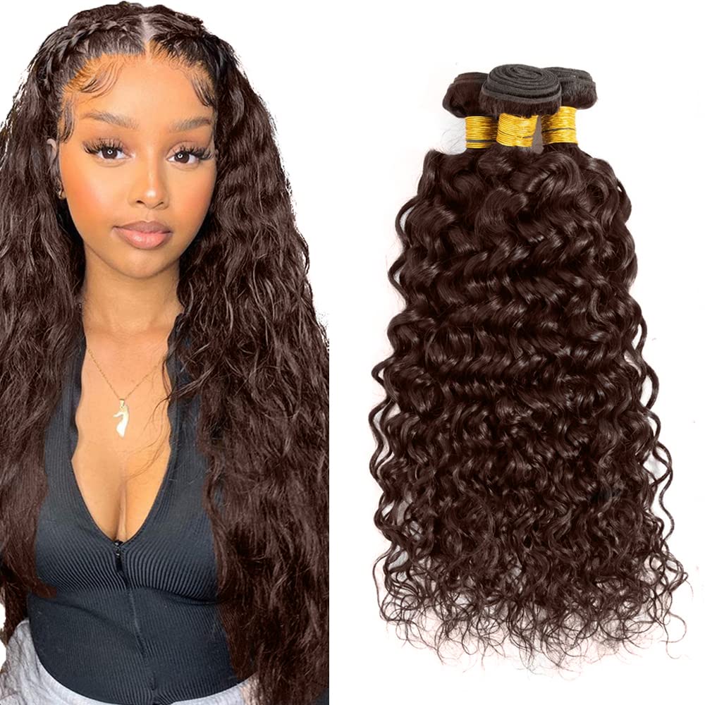 Dark Brown Bundles Color #4 Water Wave Bundles Human Hair 8A Peruvian Virgin 12 14 16 Inch Chocolate Brown Wet and Wavy Bundle Hair Extensions No Tangle 300g