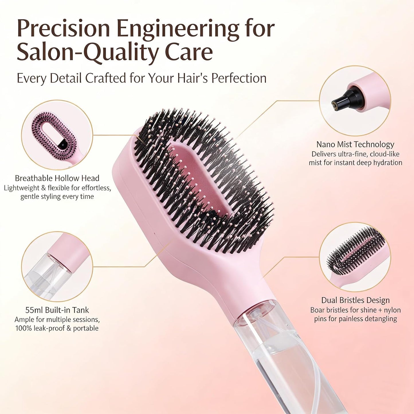 Hair Brush with Water Spray - 2-in-1 Detangling Tool for Frizz Control | Portable Mist Comb for Thick, Curly & Fine Hair - Green