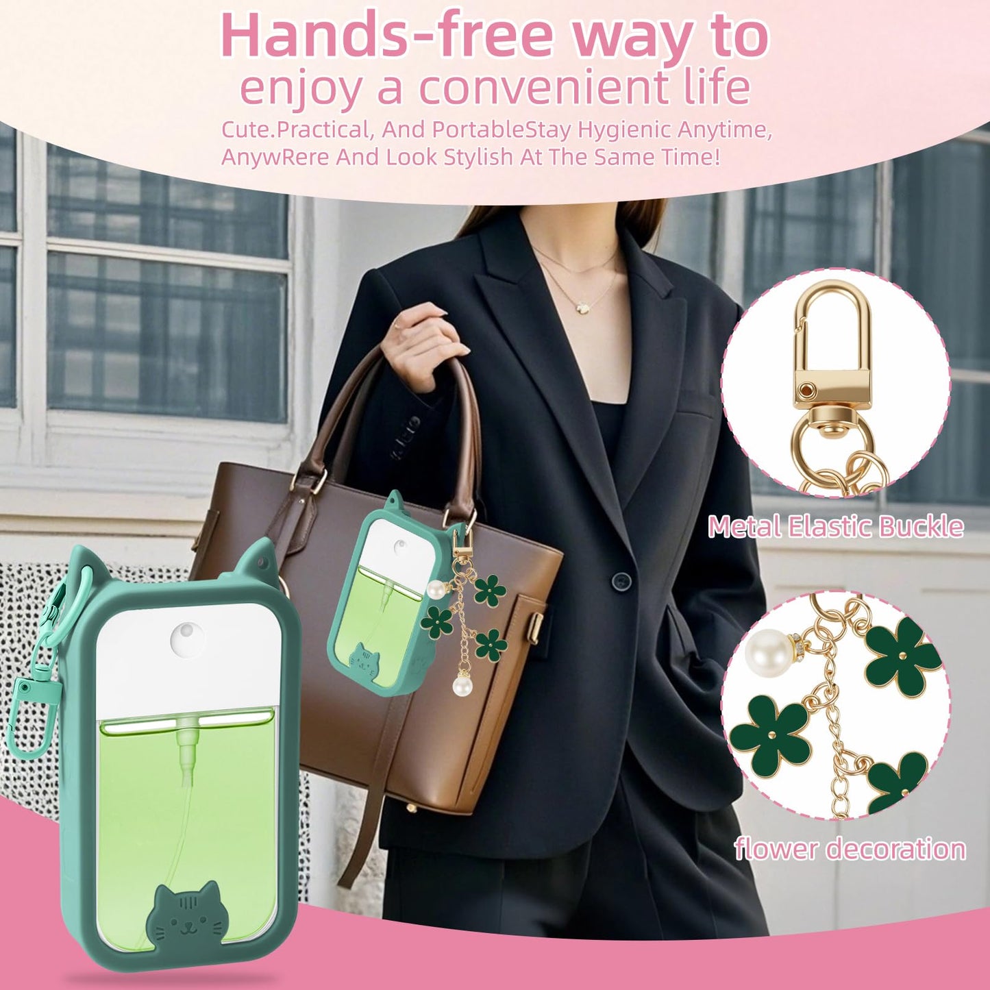 QIOFEARTH Silicone Case Compatible with Touchland Hand Sanitizer Spray Mist 1 oz with Lip Holder Flower keychain (Pine Green)