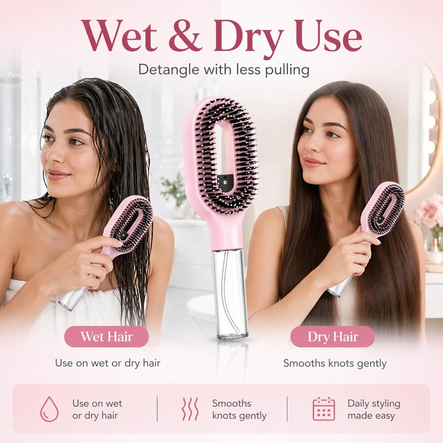 Misting Hair Brush - 2-in-1 Manual Detangling Brush with Built-In Water Spray for Curly & Thick Hair | Anti-Frizz Portable (Red)