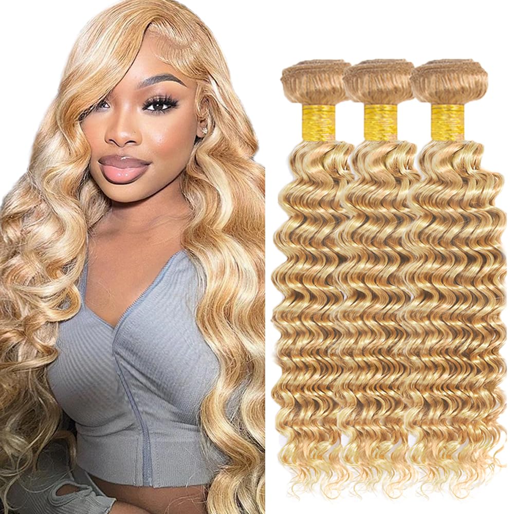 P27/613 Blonde Bundles Human Hair Deep Wave Bundles 20 22 24 Inch Highlight Blonde Unprocessed Brazilian Virgin Hair Deals Quick Weave Hair Extensions 3 Bundle 50 Gram Per Bundle For Woman