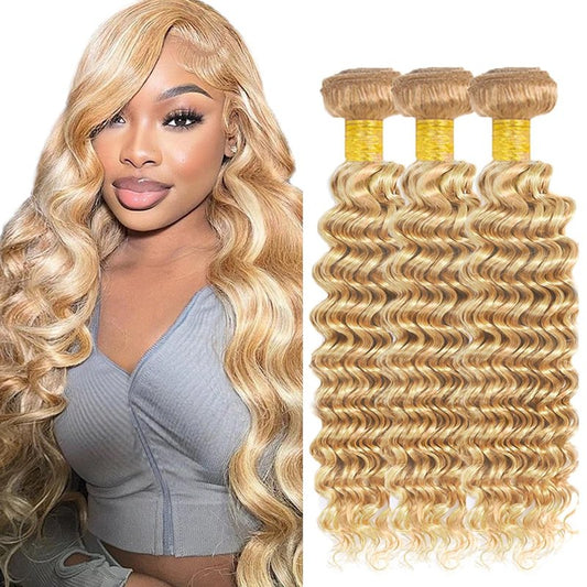 P27/613 Blonde Bundles Human Hair Deep Wave Bundles 20 22 24 Inch Highlight Blonde Unprocessed Brazilian Virgin Hair Deals Quick Weave Hair Extensions 3 Bundle 50 Gram Per Bundle For Woman