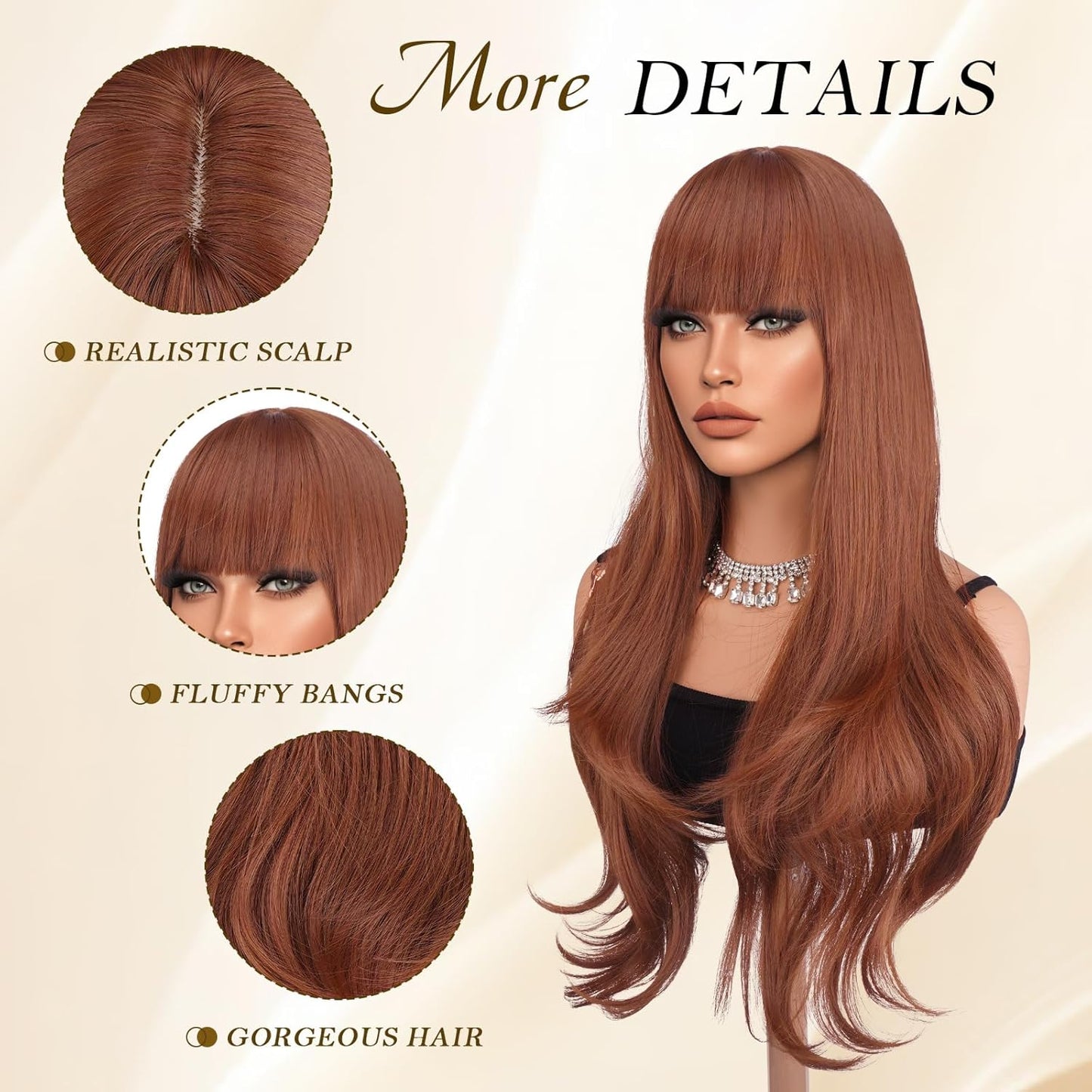 Auburn Wigs with Bangs - Long Layered Synthetic Heat-Resistant Wavy Hair | 26 Inch for Daily Wear & Parties