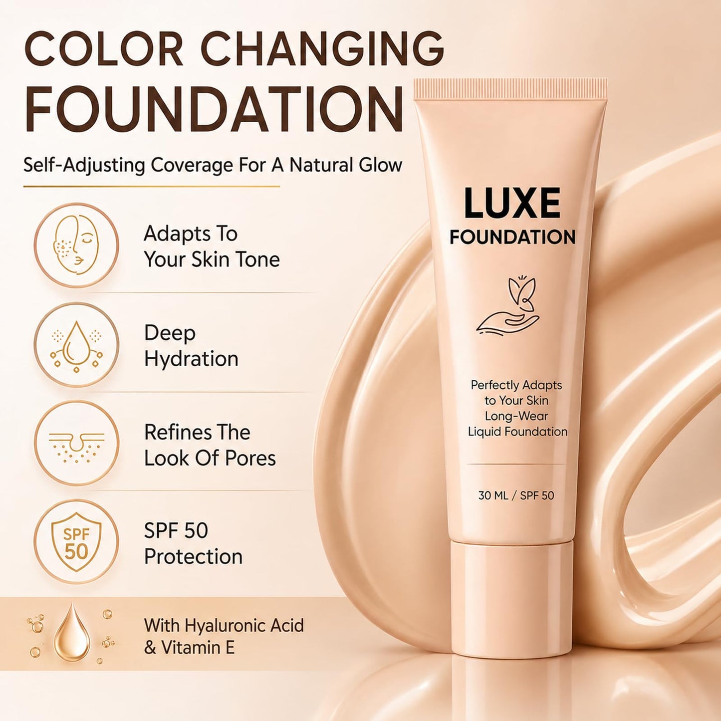 Luxe Foundation for Women, Color Changing Foundation, Hyaluronic Acid & Vitamin E, Creates Flawless Skin, Deep Hydration & Refines Pores for Natural Glow 30 ML