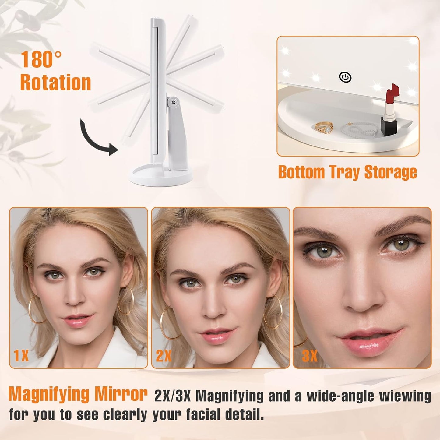 Trifold Vanity Mirror with Lights - Lighted Makeup Mirror 2X/3X Magnification | 21 LED Touch Dimming, 180° Rotation