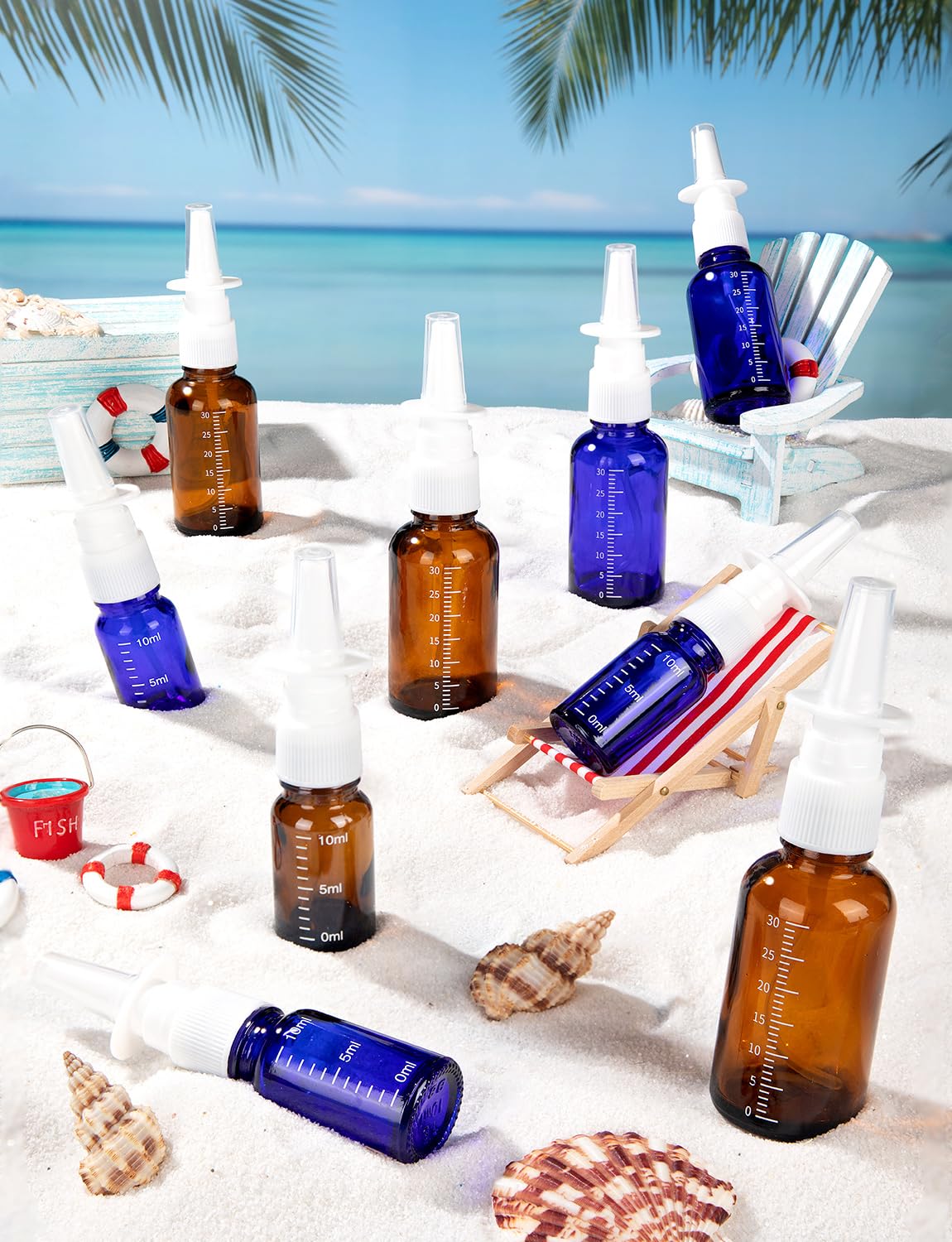 ZHWKMYP 10 Pcs Nasal Spray Bottle, 30ML/1oz 6Pcs Empty Refillable Brown Blue Scale Nasal Nose Spray Bottles with 2 Funnels and 2 Labels