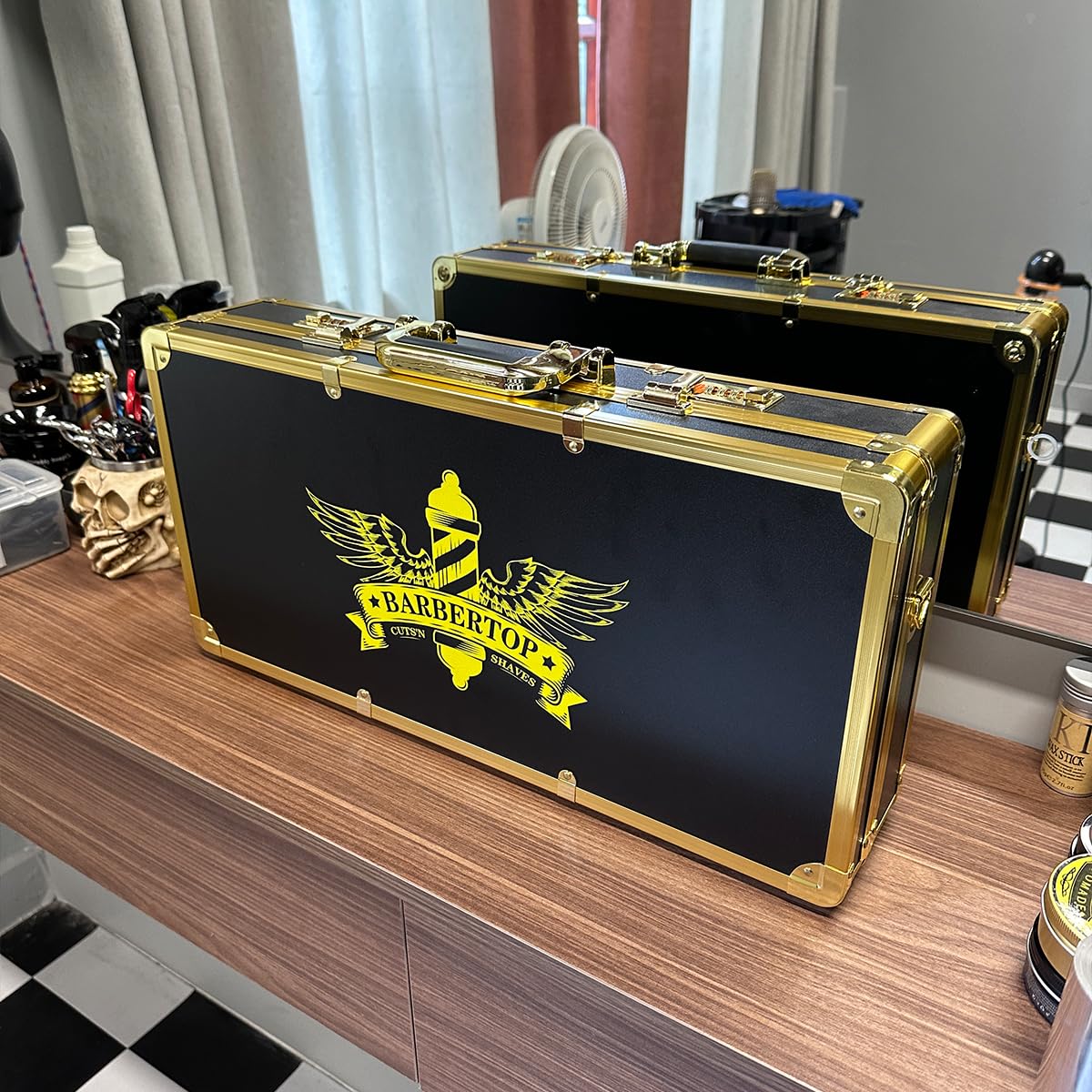 Professional Barber Supplies Case, Barber Cases for Clippers and Supplies, Hairdressing Tools Storage Case with Handle and Secure Numlock, Barber Travel (Golden)