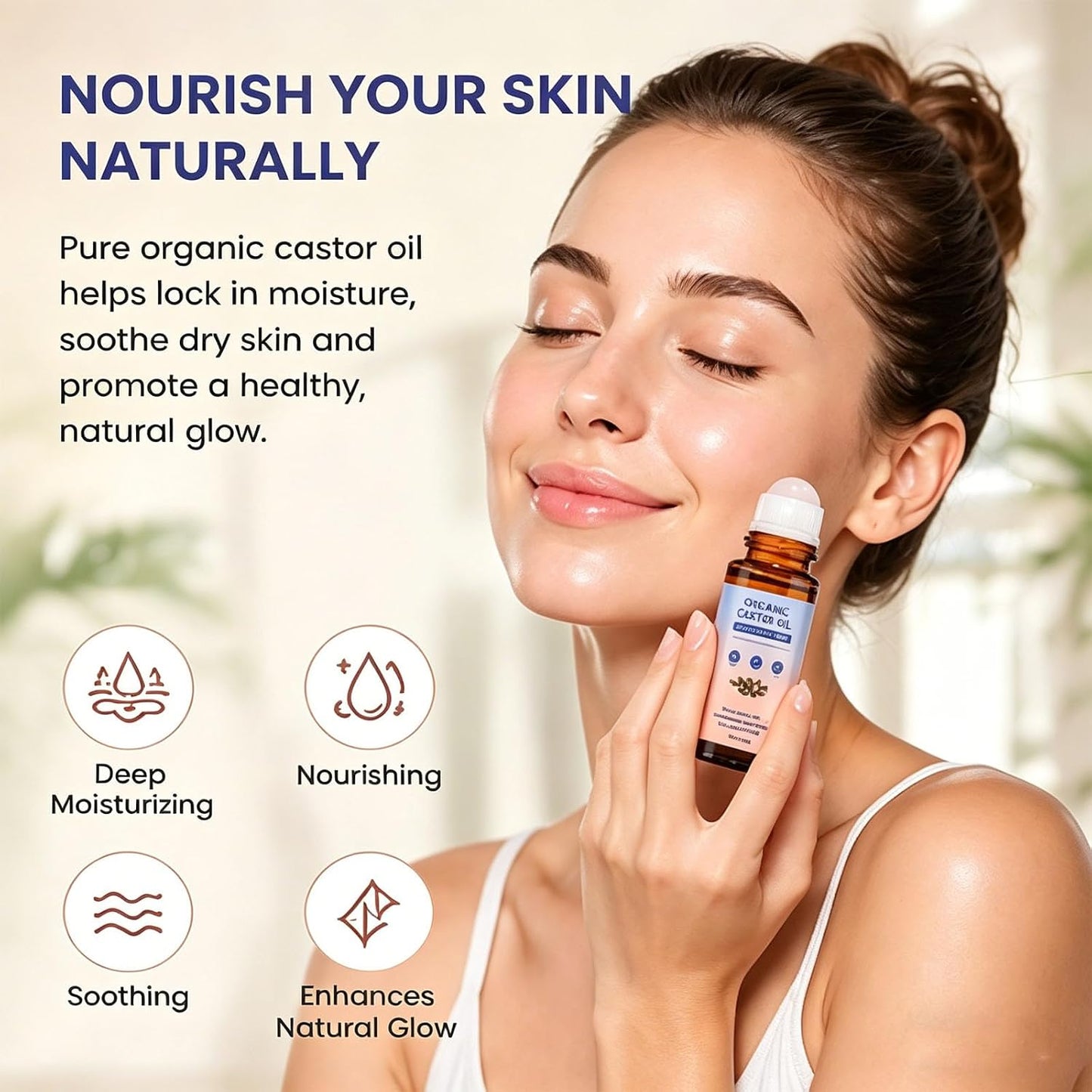 Organic Castor Oil Roller Ball - Cold-Pressed Essential Oil for Face, Hair & Eyebrows | Natural Hydration | 3-Piece Set