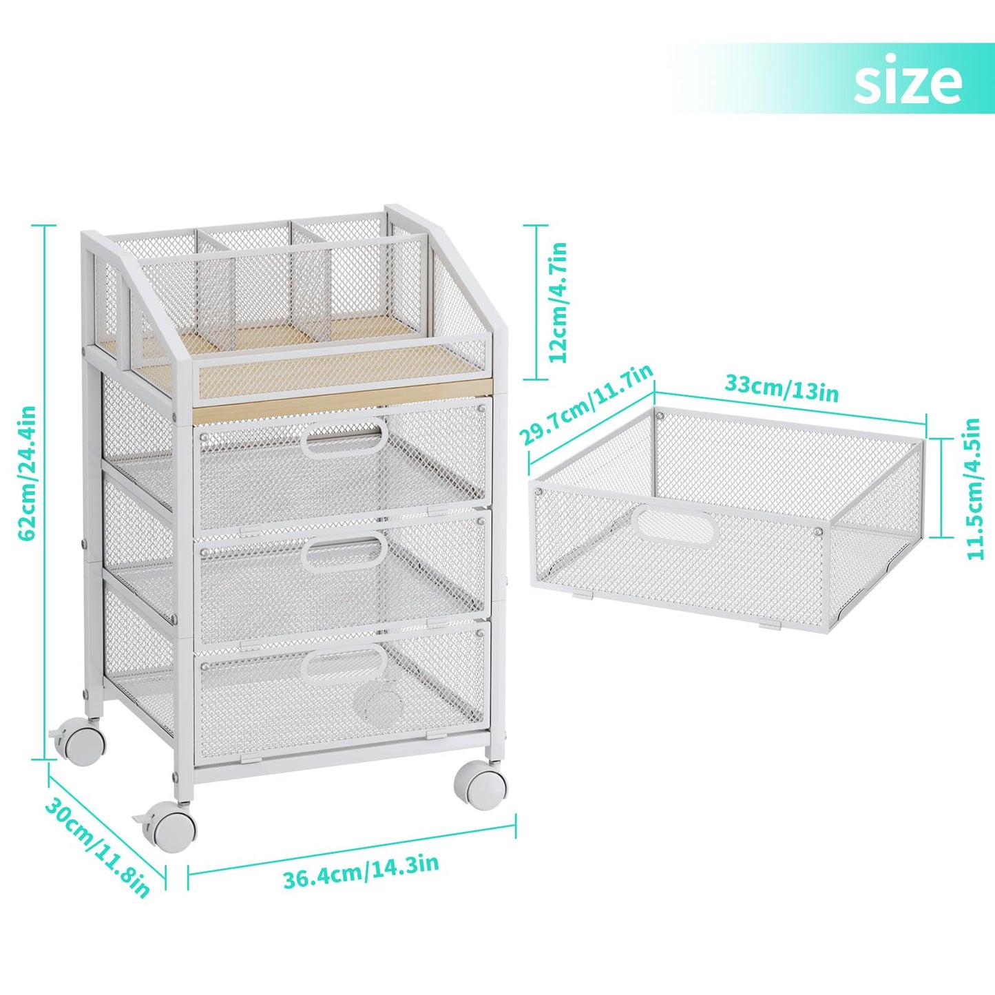 HapiRm Rolling Makeup Cart Organizer - Under Desk Makeup Storage with Wheels, Floor Make up Cart Skincare Organizers Desk Vanity Storage Organizer Cabinet for Cosmetics Makeup Brush Hair Tool, White