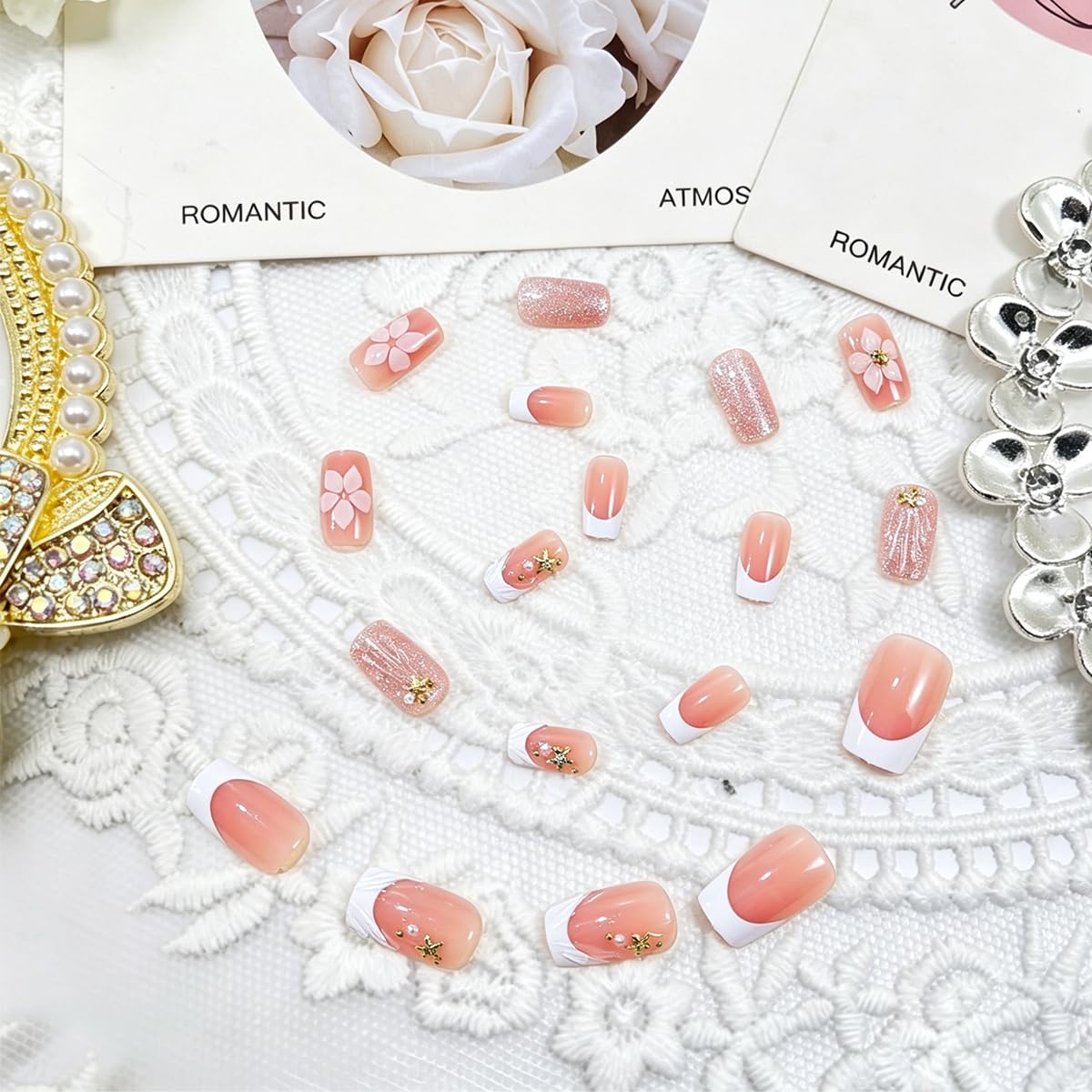 French Tip Press on Nails Medium Square Fake Nails with Golden Pearl Rhinestones 3D Flower Acrylic Nails Starfish Shell Charms Designs Beach False Nails Summer Glue on Nails for Women Manicure 24Pcs