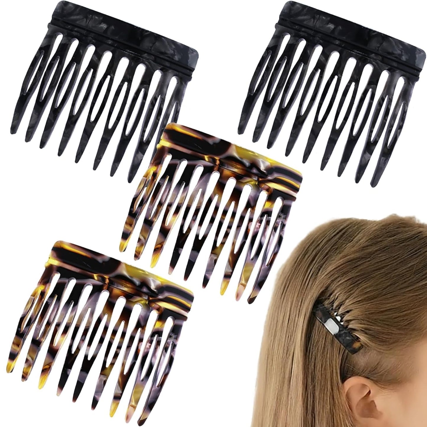 French Hair Comb Clips - 4 PCS Tortoise Shell Side Combs for Up-Do Styling | Brown