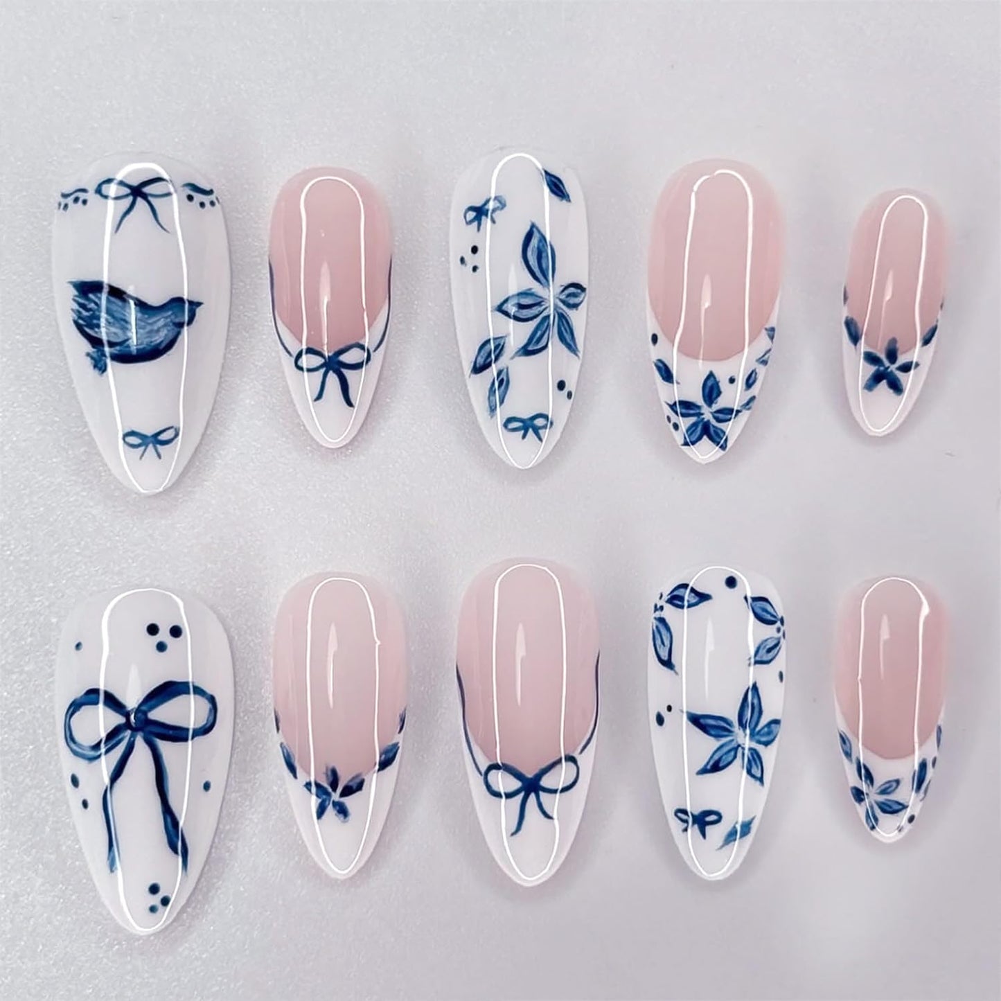 Blue Flower Press-On Nails - Medium Almond French Tip with Bow Design | Glossy Full Cover for DIY Manicure