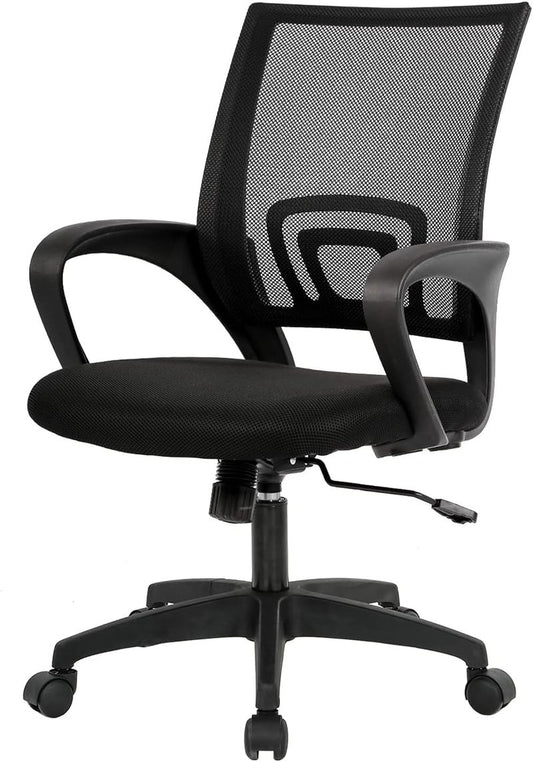 Ergonomic Office Chair - Mid-Back Swivel Desk Chair with Breathable Backrest & Lumbar Support - Adjustable Height | Dark Black