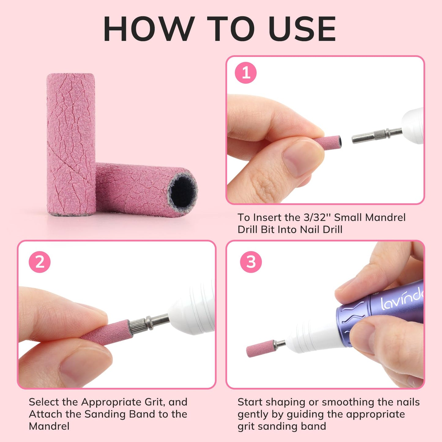 Lavinda Small Sanding Bands Nail Drill Bit, 80 Piece Extra Fine Sanding Bands for Nail Drill with 3.1mm Mandrel Bit for Acrylic Nails Gel Removing Shaping Polishing Nail Salon Use (240 Grit, Pink)