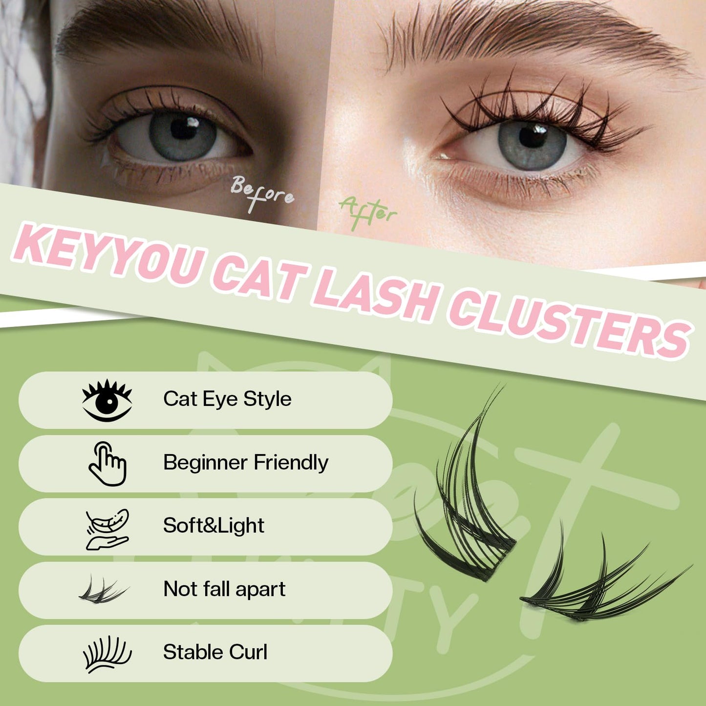 KEYYOU Bunny Lash Clusters Kit Anime Cat Eye Lashes Wispy Natural Cat style Lash Extension Kit with Bond and Seal,Applicators,Remover for Manga DIY Eyelash Extension Kit at Home（MC01）