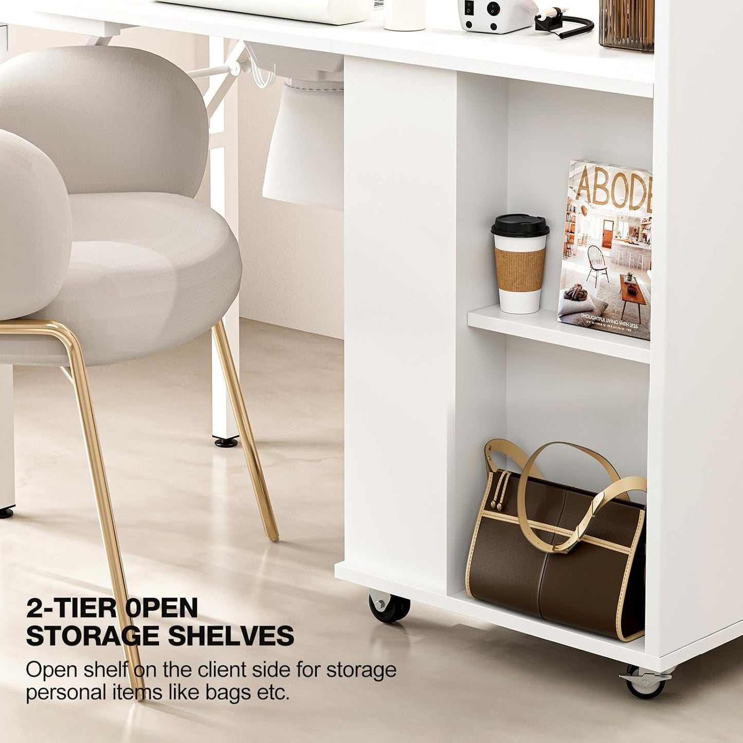Foldable Nail Desk - Manicure Table Station with Dust Collector, 2 Shelves & Drawers | Portable Design with Lockable Wheels