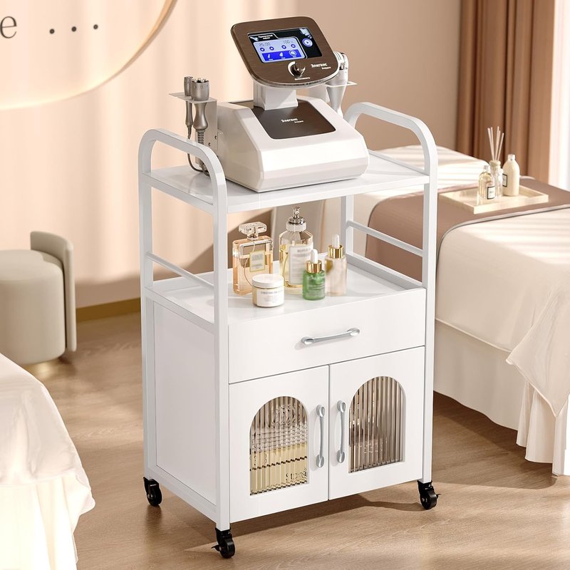 OmySalon Salon Trolley Cart - Mobile Esthetician Storage Station with Drawer & Tray | Lockable Wheels, White