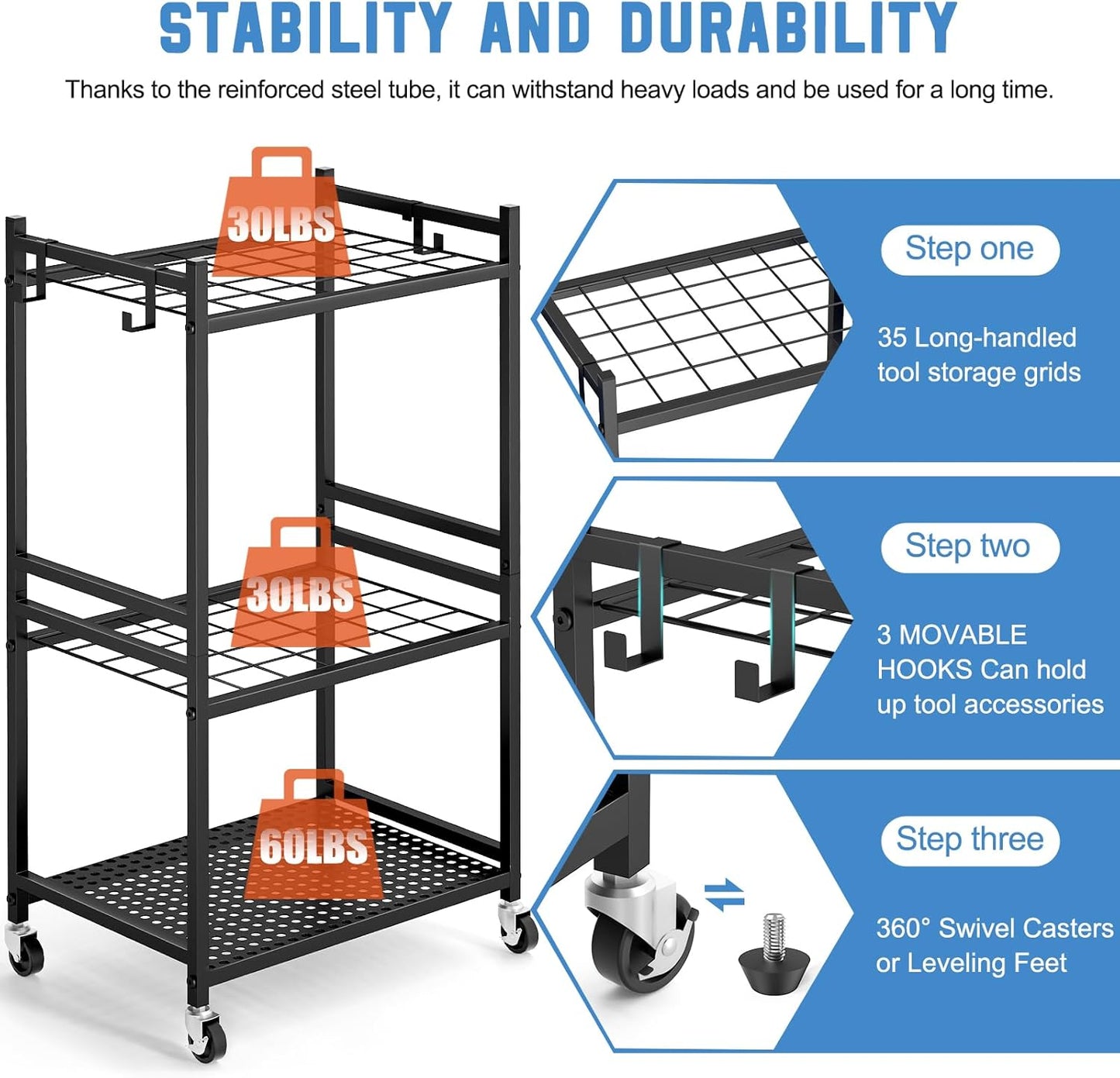 Garden Organizer With Wheels - Sturdy Metal Rack for 35 Tools | Outdoor Storage, Black