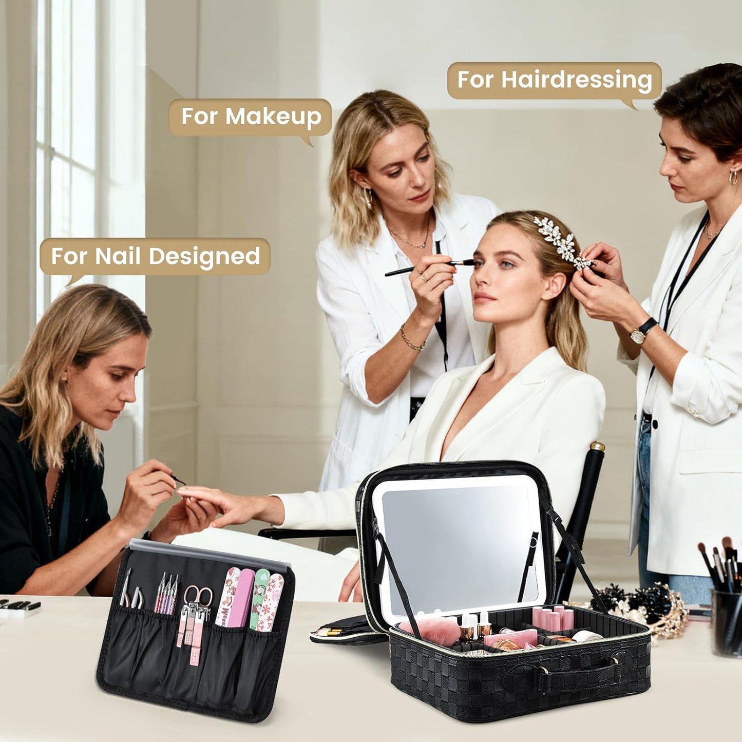 LED Lighted Makeup Bag - Double Layer Cosmetic Train Case with Adjustable Brightness | Black Checkerboard Design