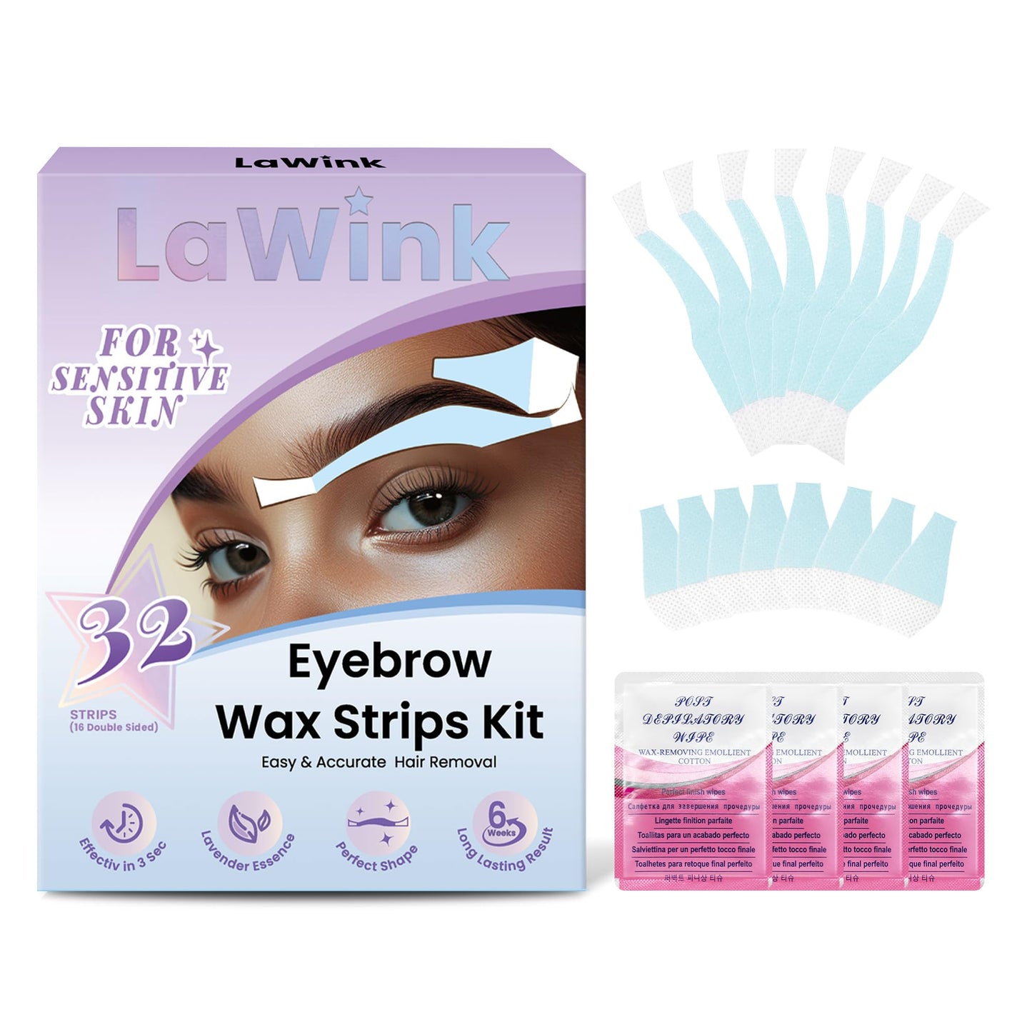 LaWink Eyebrow Wax Strips for Women, At Home Waxing Kit with 32 Strips & 4 Calming Wipes, Hand-Warmable Cold Wax for Brows & Lip, Gentle Formula for Sensitive Skin