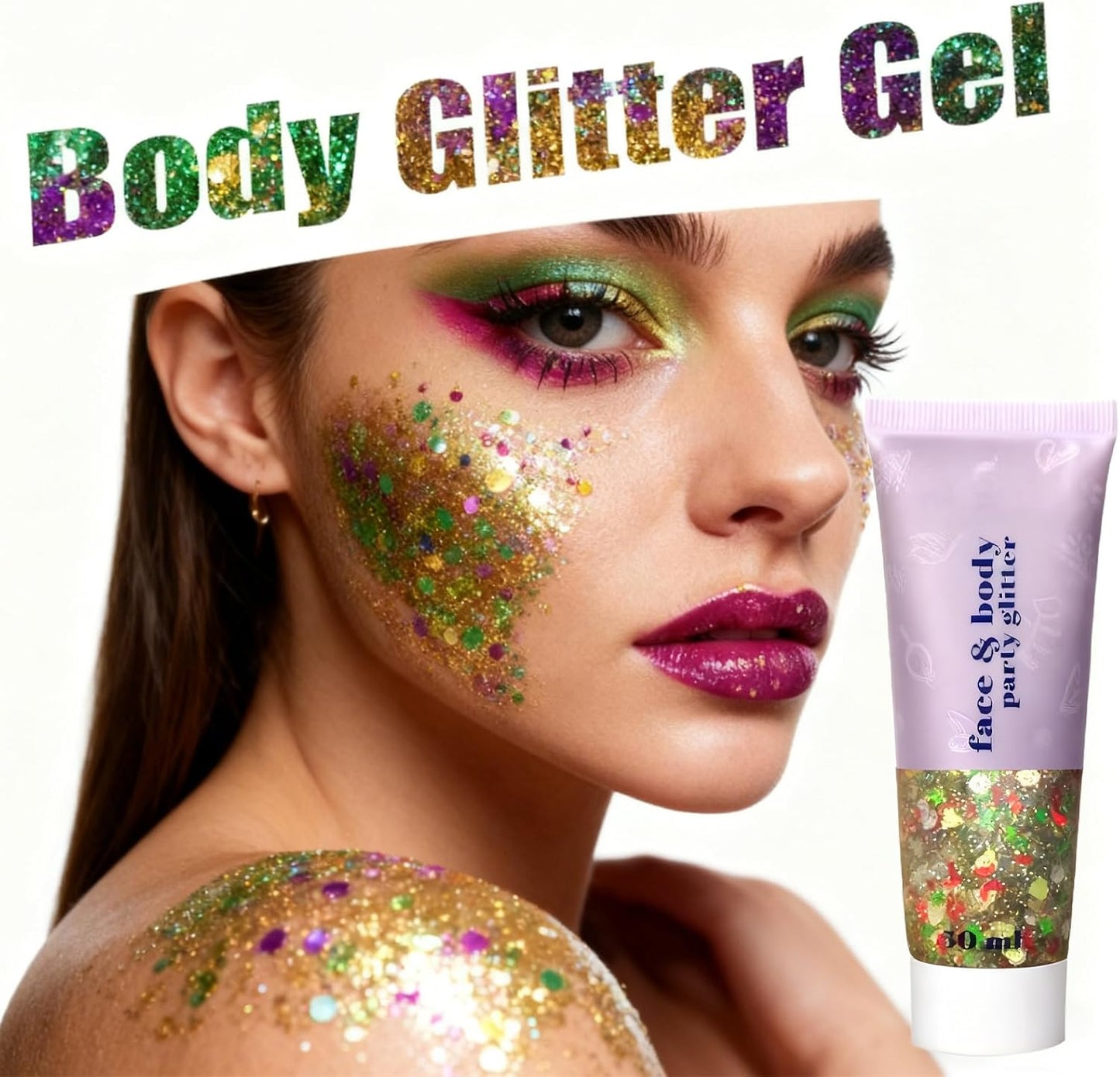 Christmas Body Glitter Gel - Red, Green & White Holographic Face & Hair Glitter for Festive Makeup | Chunky Sequin Shine