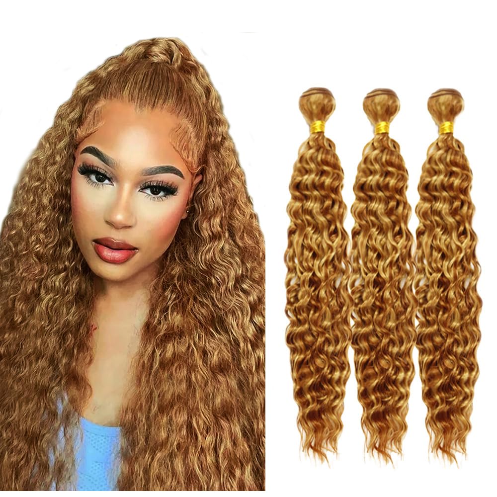P27/30 Blonde Bundles Deep Wave Bundles Human Hair 12 14 16 Inch #30 Light Brown Deep Wave Bundle Unprocessed Brazilian Virgin Weave Hair 3 Bundles 100 Gram Per Bundle