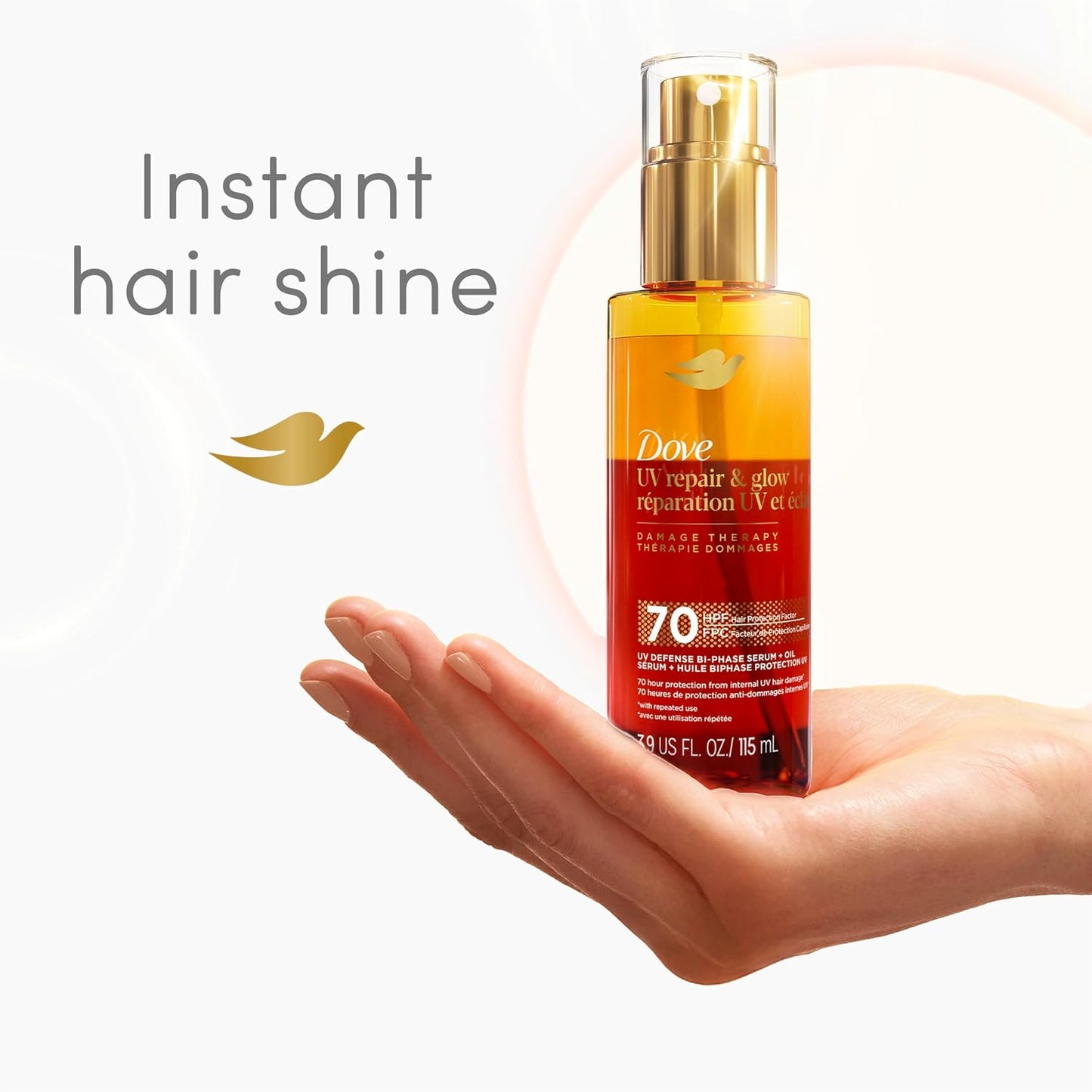 Dove Damage Therapy Bi-Phase Serum & Oil - UV Repair & Glow, 3.9 fl oz | 70-Hour Hair Protection