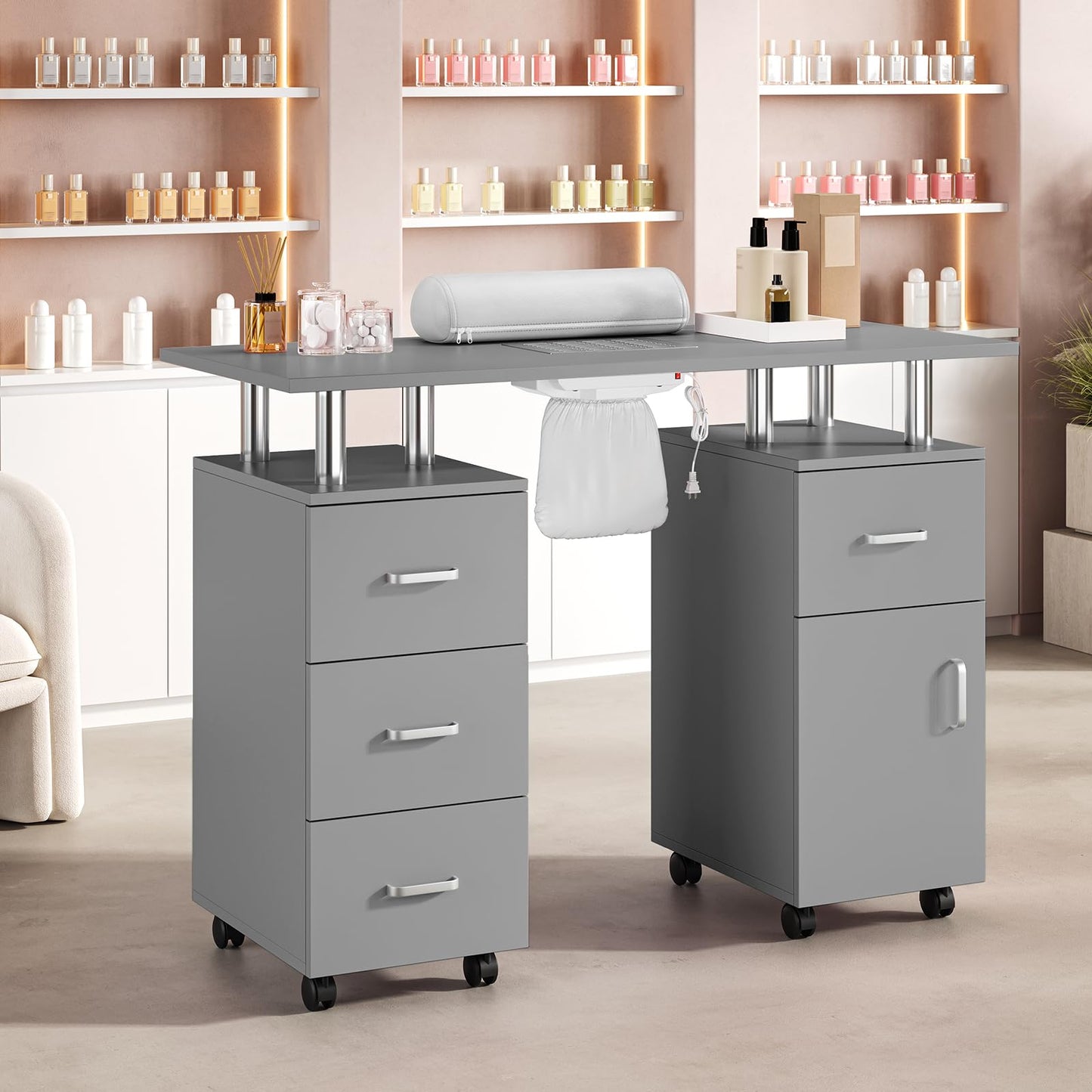 LEISULIF Mobile Manicure Table on Wheels, Portable Nail Desk with Storage - Pro Manicure Station with Dust Collector & Wrist Cushion, 4 Drawers Cabinet, Lockable Wheels for Salon Home - Grey