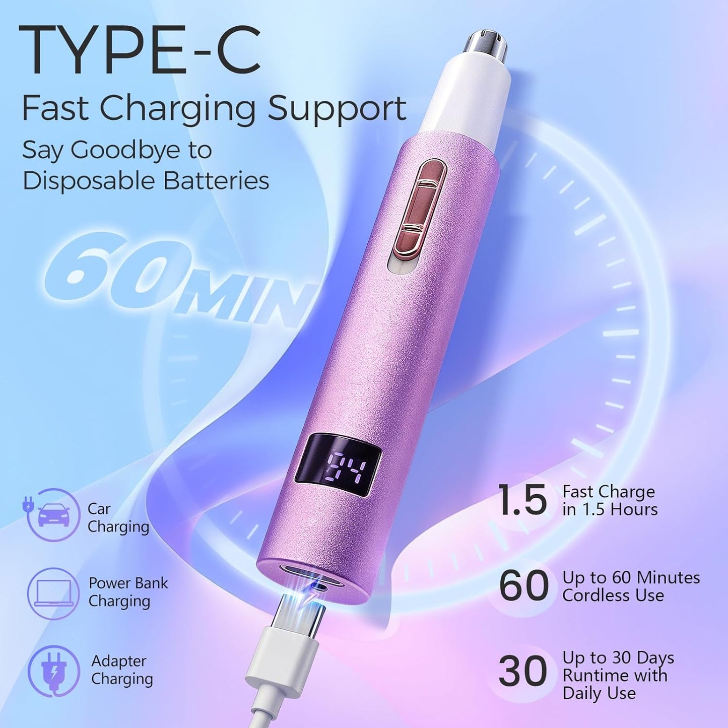 LED Display Eyebrow & Nose Hair Trimmer - Rechargeable 2 in 1 Painless Clipper for Men & Women | Easy Cleansing, Purple