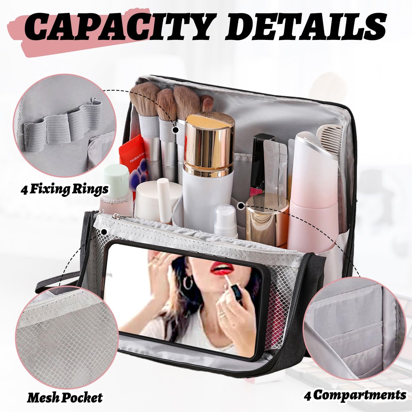 LFZHAN Standing Makeup Bag Organizer with 6 Brush Guards, Portable Makeup Organizer Bag for Travel, Stand Up Cosmetic Case with Brush Protectors (Black)