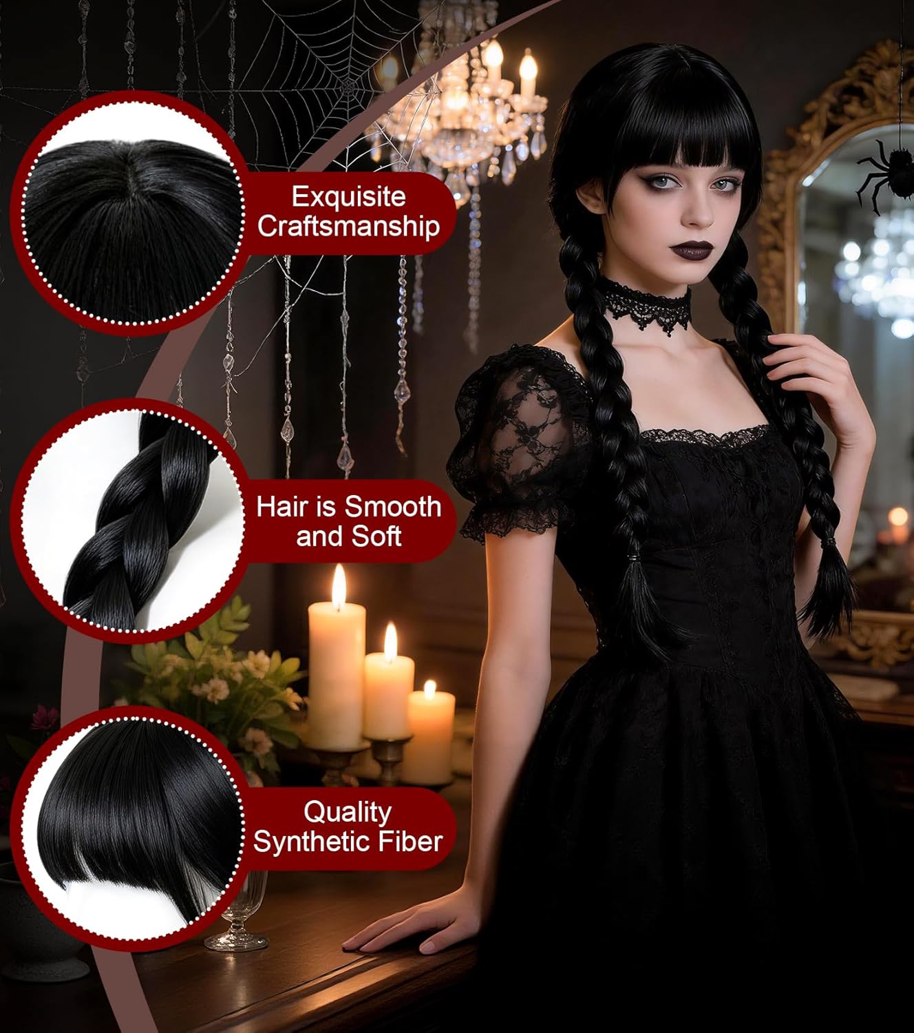Women's Gothic Black Braided Wig - Long Straight Twin Ponytail Synthetic Fiber for Halloween & Party Costumes