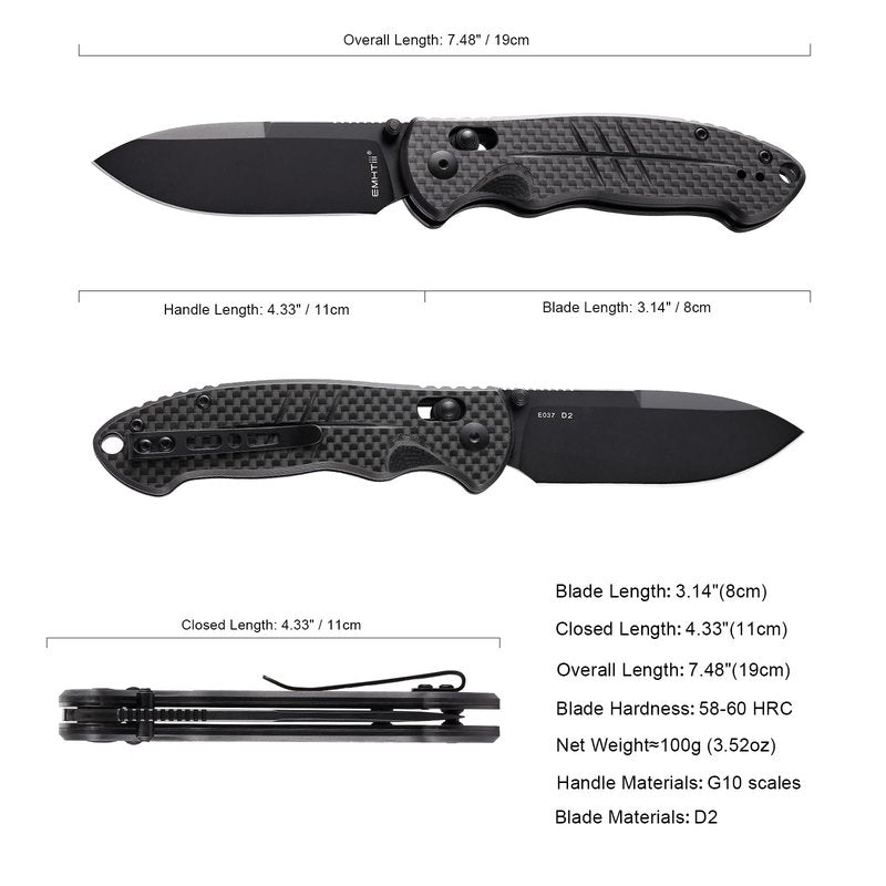 EMHTiii D2 Steel Folding Pocket Knife with Reversible Clip: 3.14" Drop Point Blade, Crossbar Axis Lock, G10 Carbon Fiber Handle, EDC Knives Camping for Men Women E037, Black