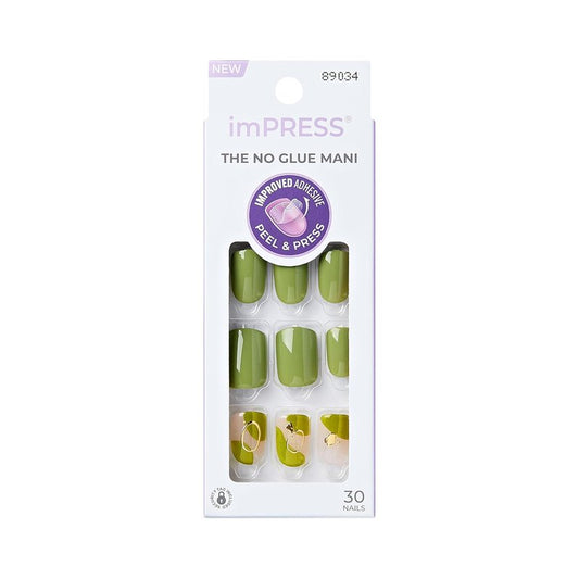 Kiss Impress No Glue Mani Press On Nails - 'Before Sunrise' Green Short Squoval Shape | 30 Nails, Prep Pad & More