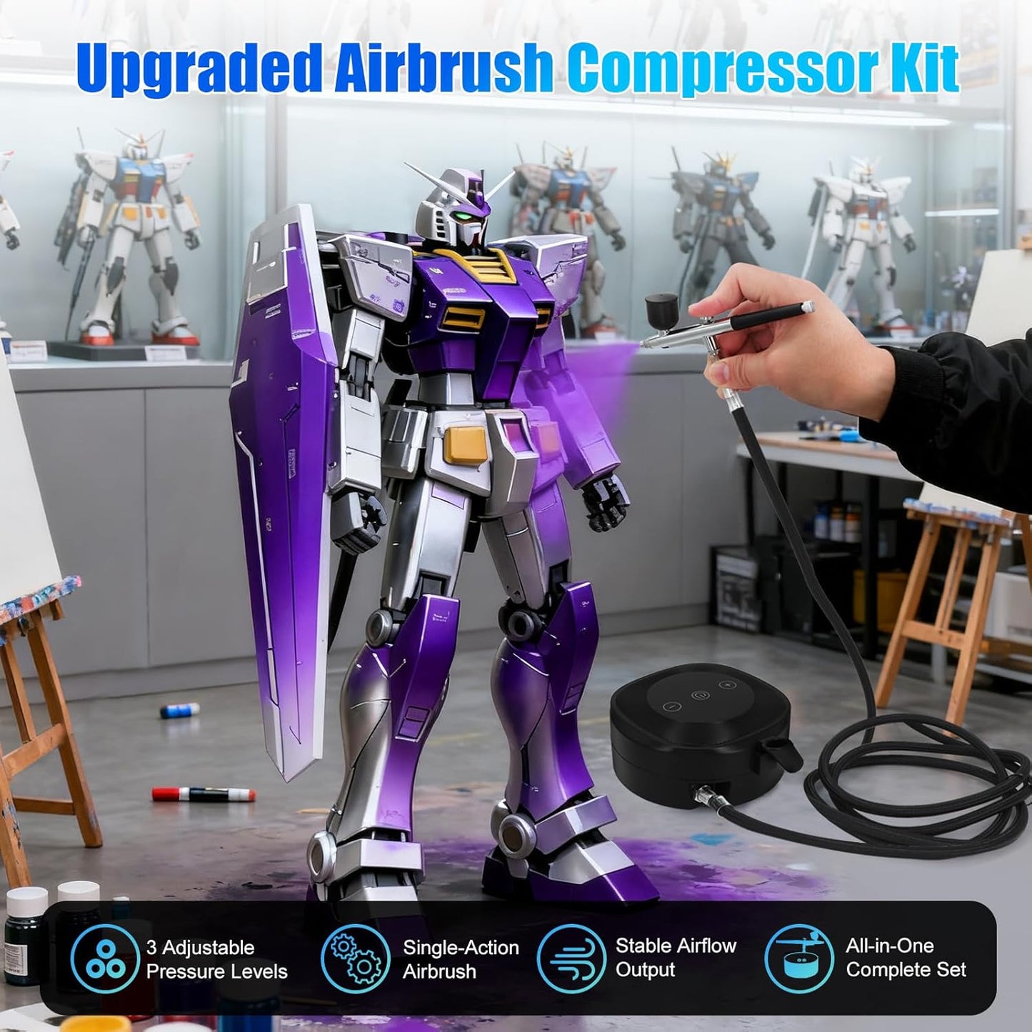 Airbrush Kit - 48 PSI Air Compressor with 3-Stage Pressure Control | 0.3/0.5 mm Nozzles for Painting, Nails & Makeup