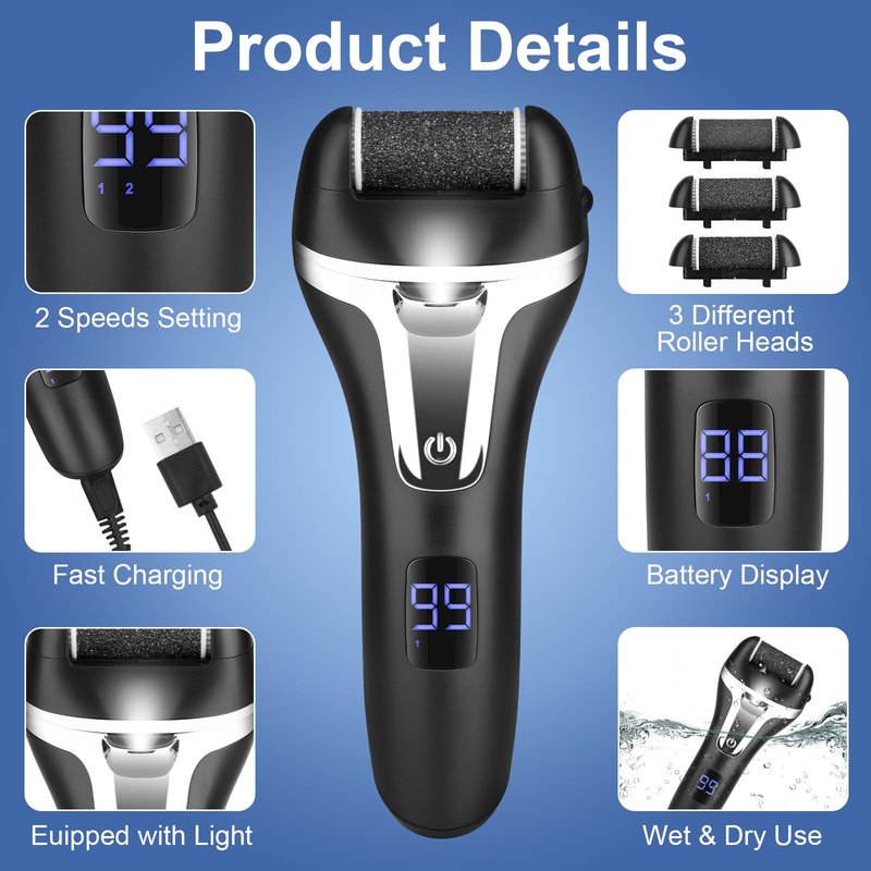 Electric Foot File Callus Remover for Feet - 9 pcs Roller Heads,2 Speed Foot Care Kit Waterproof Pedicure Tools,Rechargeable Foot Scrubber Pedicure kit for Dead Hard Cracked Dry Skin