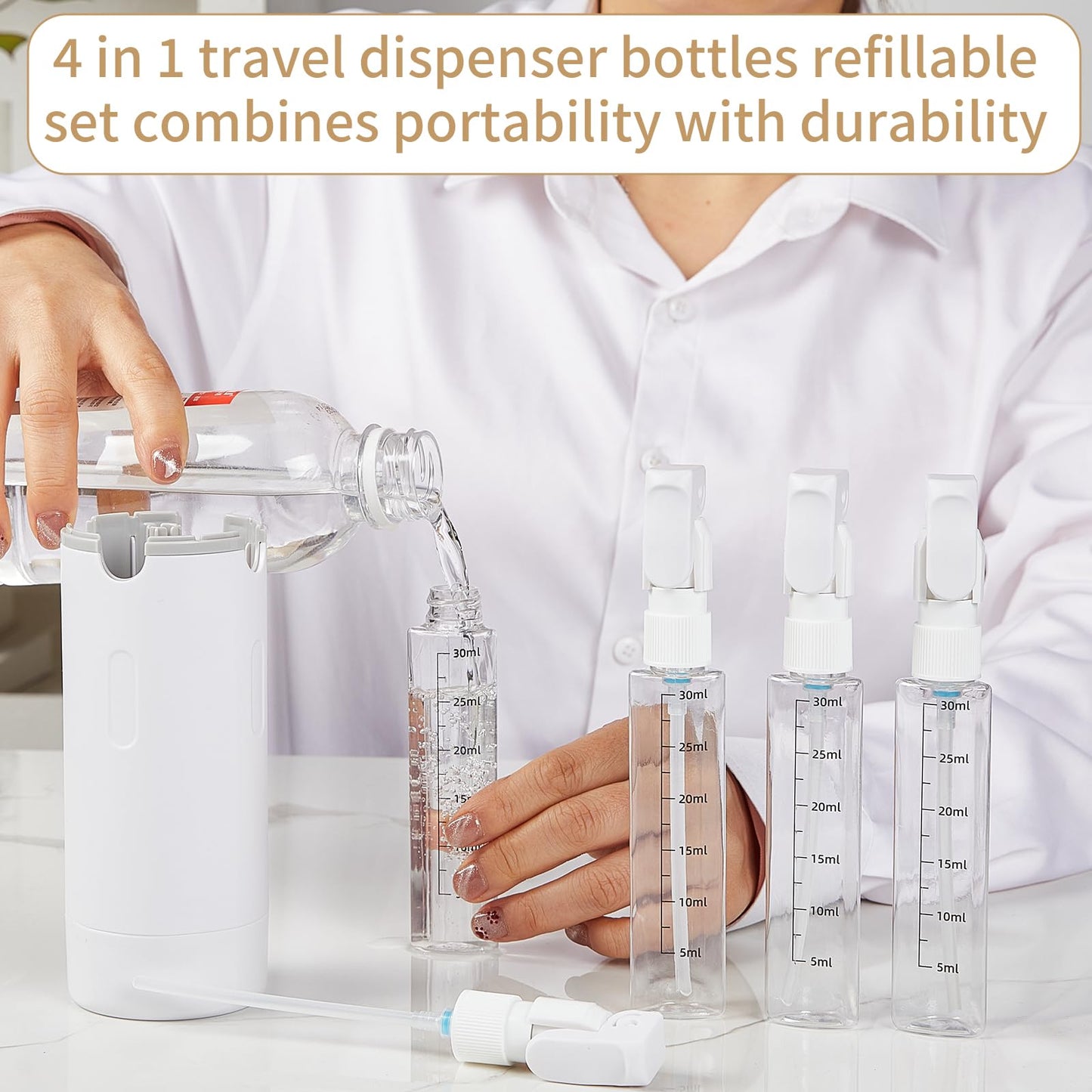 4 in 1 Travel Dispenser Bottle Refillable Leak-Leak Proof and Portable for Shampoo, Conditioner, Shower Gel & Toiletries Perfect for Vacation, Camping & Gym. (White)