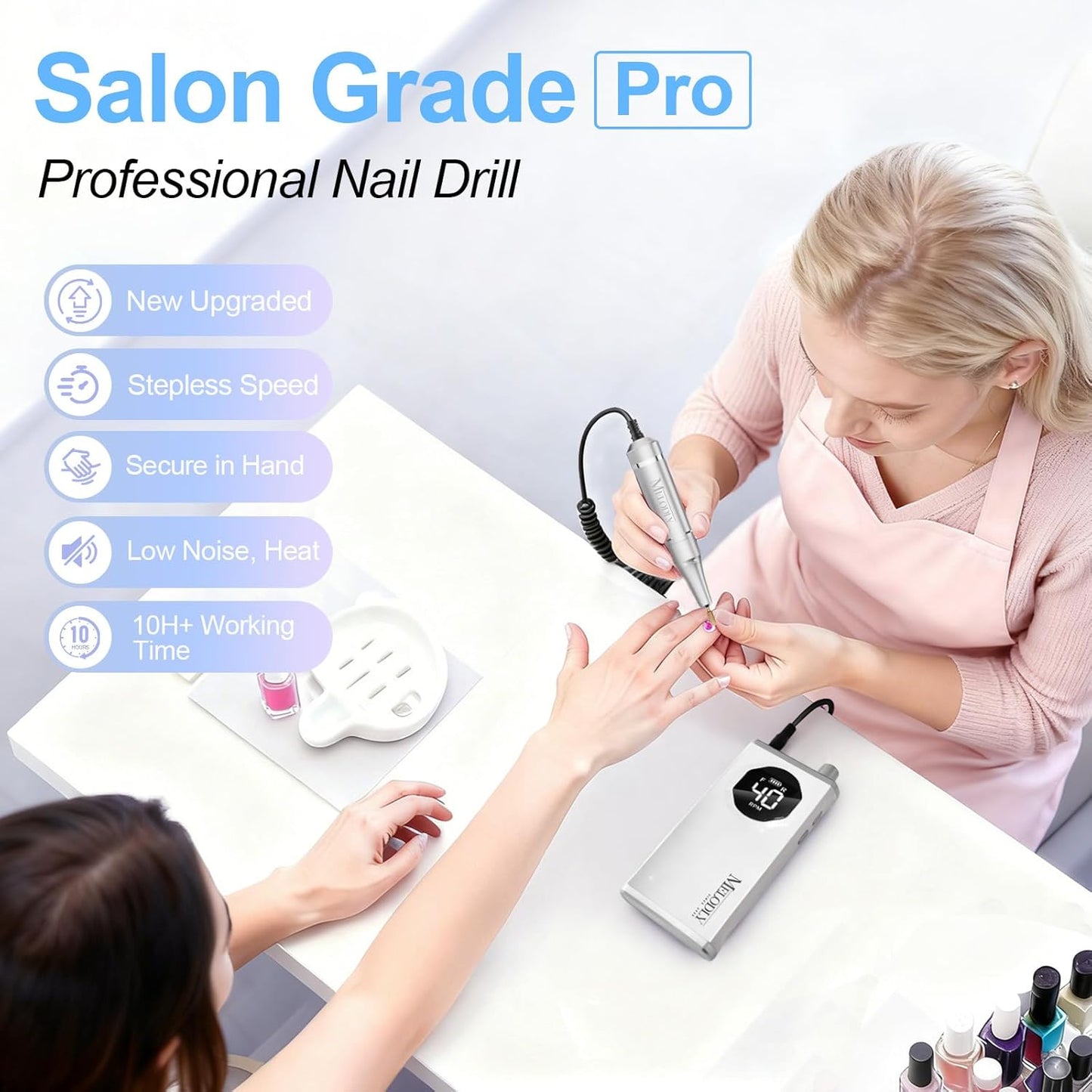 Electric Nail Drill File - 40000 RPM Rechargeable Efile Kit for Acrylic & Gel Nails | Portable Cordless with Gold Bits