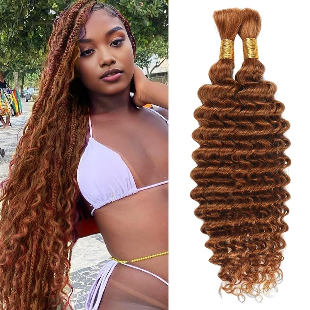 Brown Human Braiding Hair for Boho Braids 28 28 Inch Auburn Brown Deep Wave Boho Bulk Human Hair for Braiding No Weft Curly Bundles