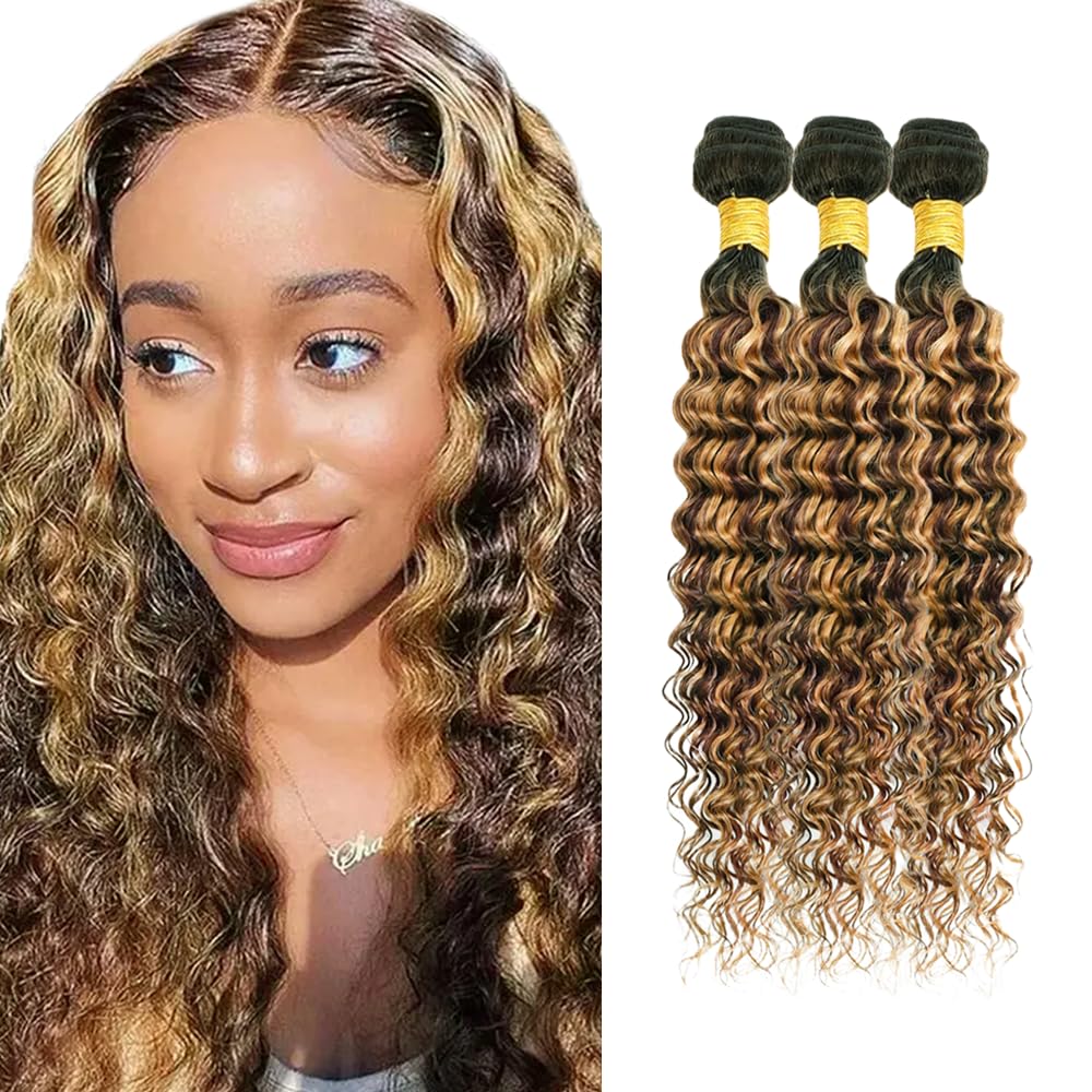 Ombre Highlight Bundles P427 Human Hair Bundles 18 20 22 inch #4 Deep Wave Bundle Honey Brown Human Hair Weave Bundle 150g