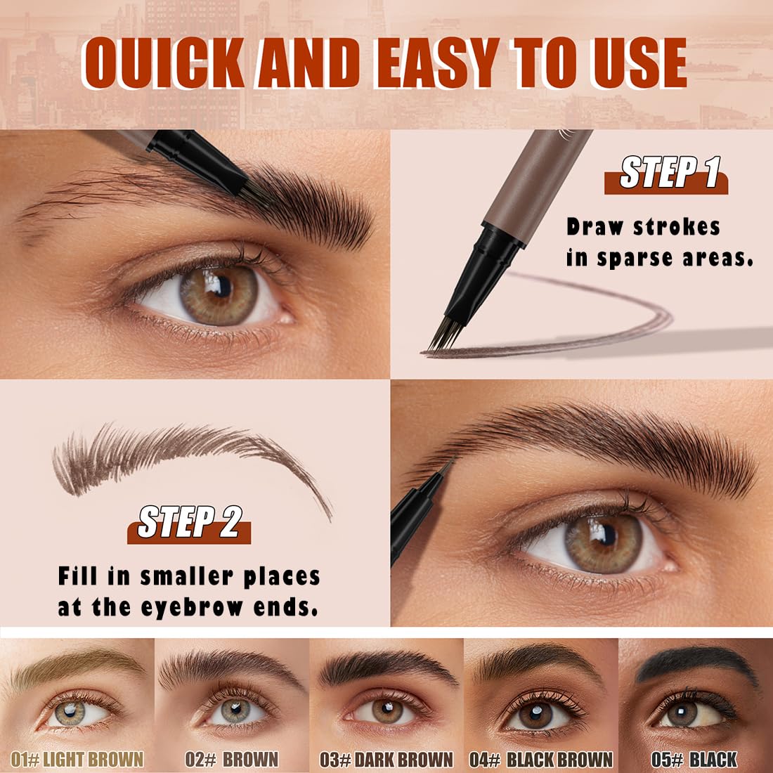 Dual Ended Eyebrow Marker - Microblading Effect Liquid Brow Pen for Natural Hair-Like Strokes | 5 Shades Available, Dark Brown