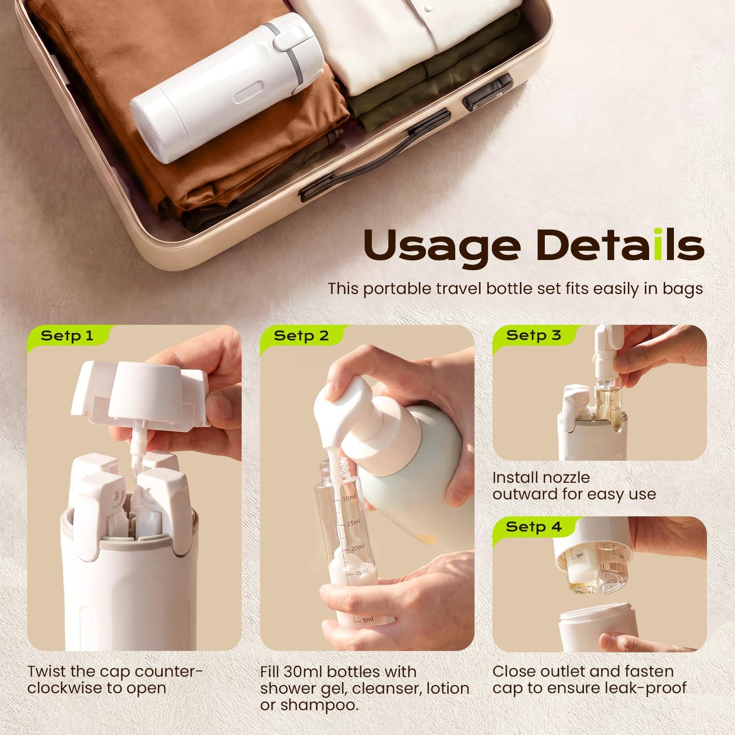 4 in 1 Travel Dispenser Bottle, Leak Proof Refillable Pump Travel Bottles Suitable for Travel, Camping and Gym,4 Pack 30ML Toiletry Containers (White)