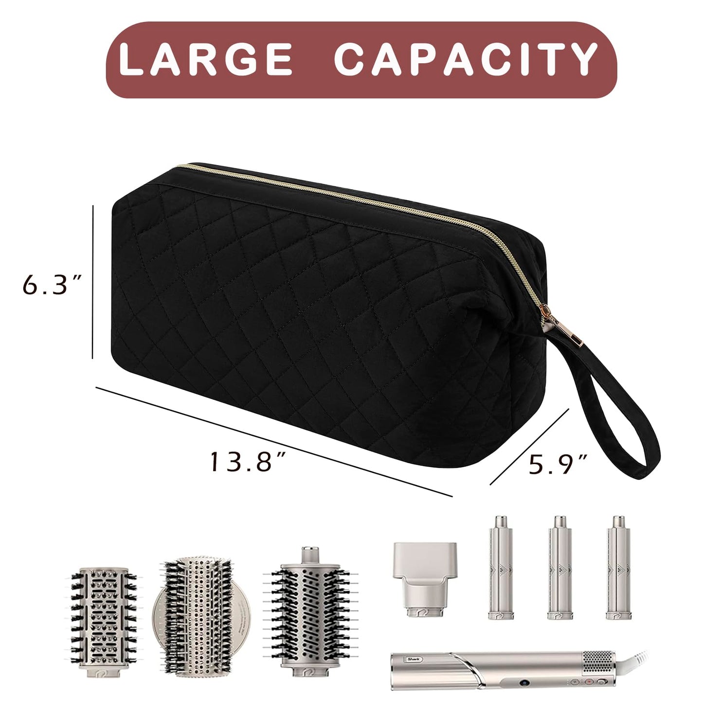 Lestikave Large QuiltedHair Tools Travel Bag, Water-resistant Hair Styling Accessories Storage Case for Flat Irons,Straightener,Curling Iron,Hair Dryer and Attachments, Cute Portable Organizer(Black)