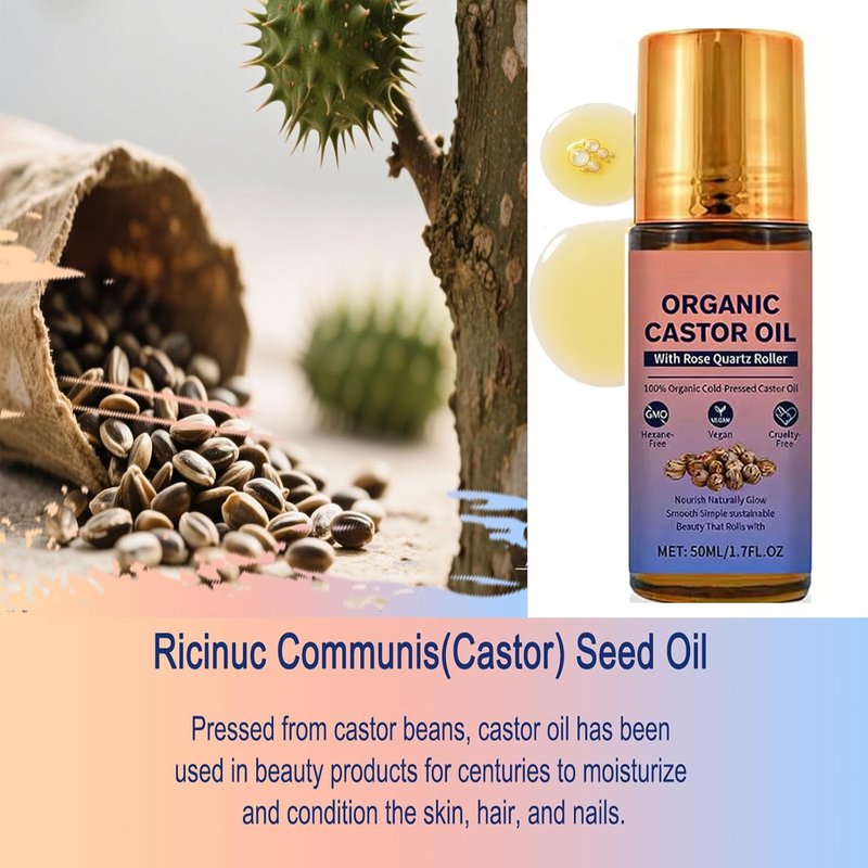 Organic Castor Oil Roll-On with Rose Quartz Roller | 100% Cold Pressed, Hexane-Free | Moisturizes Skin & Hair - 1 Piece