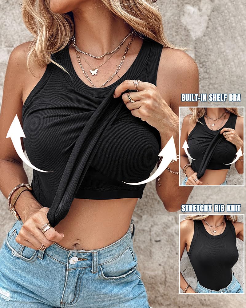 CHICME Women Built-in Bra Tank Tops Sleeveless Casual Shirts Racerback Ribbed Fitted Tank Tops