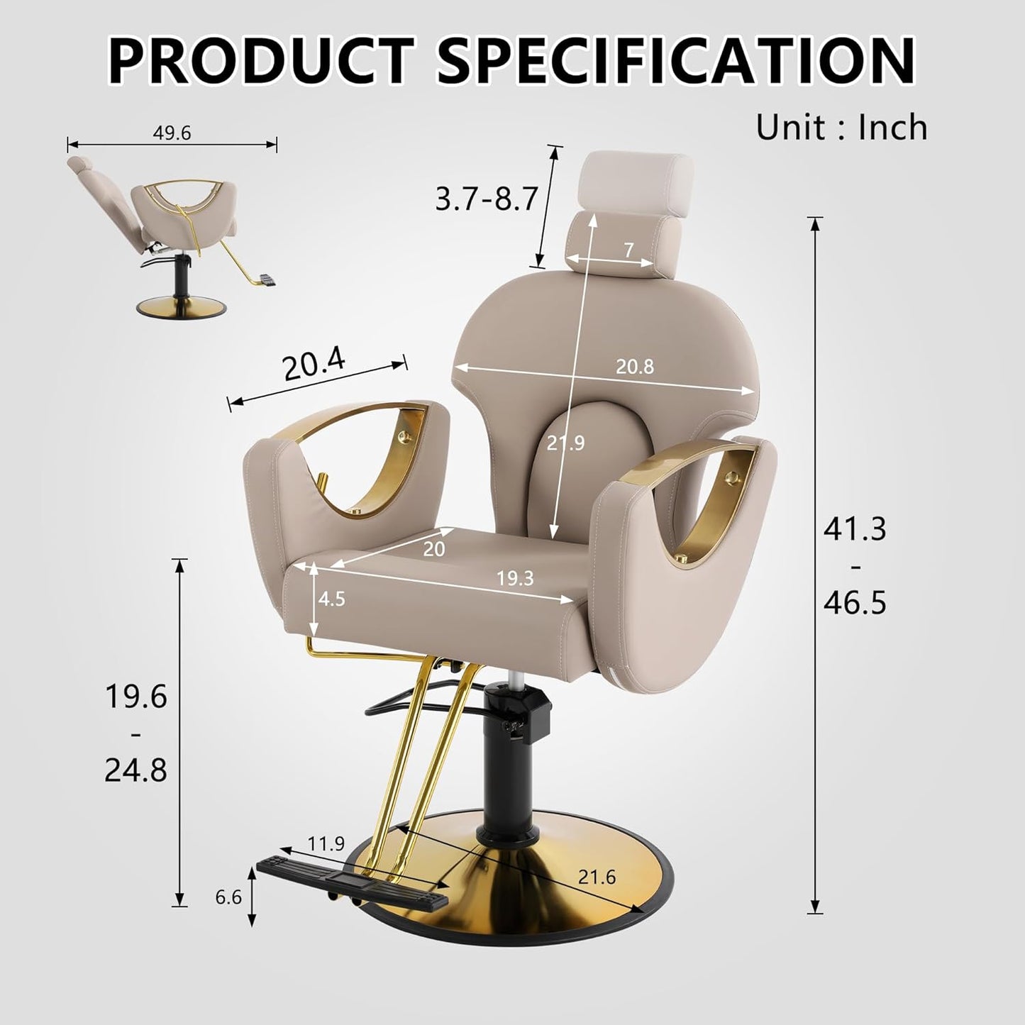Reclining Barber Chair - Height Adjustable Styling Chair for Hair Salon | 360° Swivel, Grey