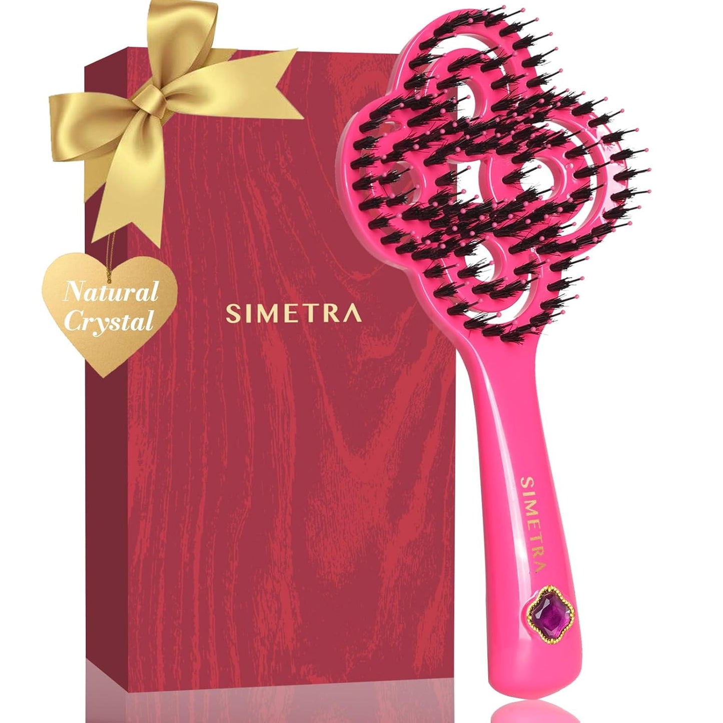 SIMETRA Lucky Hair Brush - 14K Gold Plated Detangling Brush with Natural Crystal Inlay | Boar Bristle for All Hair Types